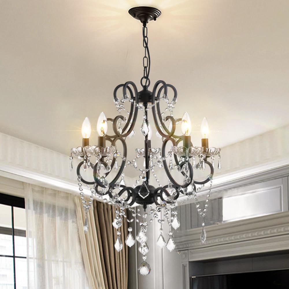Maxax 5-Light Modern K9 Crystal Chandelier - Elegant Raindrop Candelabra Pendant Ceiling Lamp for Dining Room & Living Room Lighting | Black Finish | Perfect for Home Decor, Wedding Venues & Luxury Interior Design