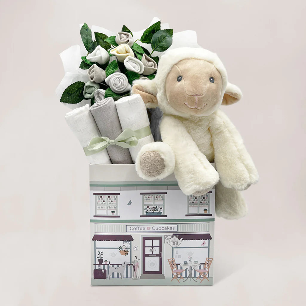 Lamb & Bouquet Welcome Baby Box - Newborn Gift Set with Plush Toy & Floral Arrangement | Perfect for Baby Showers, Christenings & Nursery Decor | SKU: LBG1032