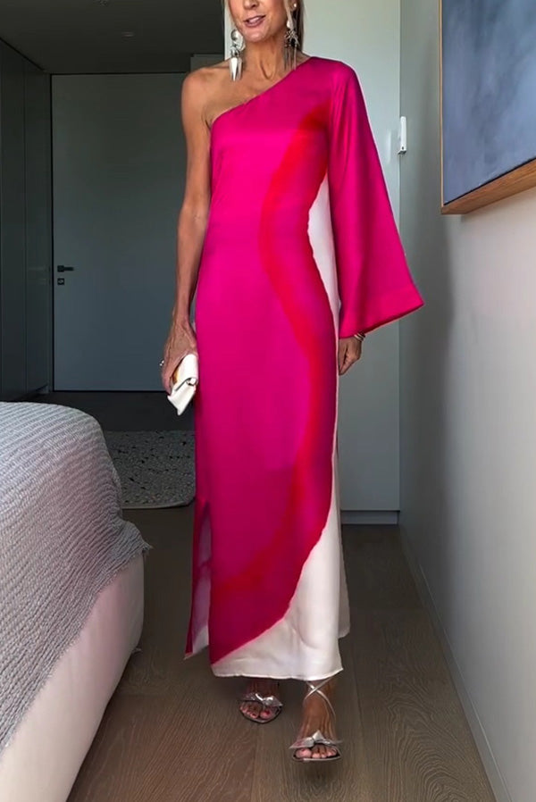 Elegant Contrast Print One Sleeve Slit Maxi Dress for Women - Perfect for Evening Parties, Weddings & Special Occasions
