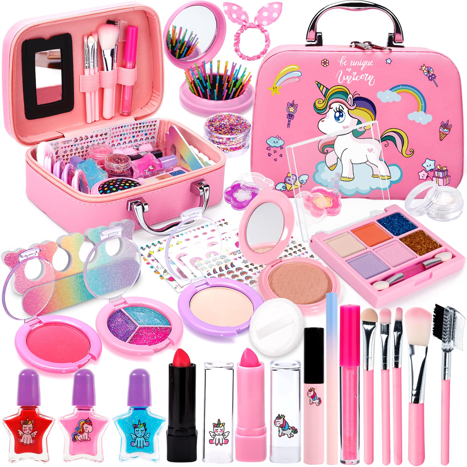 POWLYB Kids Makeup Kit - 38 PCS Washable Makeup Set, Princess Makeup Toy Gift for Girls Ages 3-10, Birthday Party, Dress Up & Pretend Play