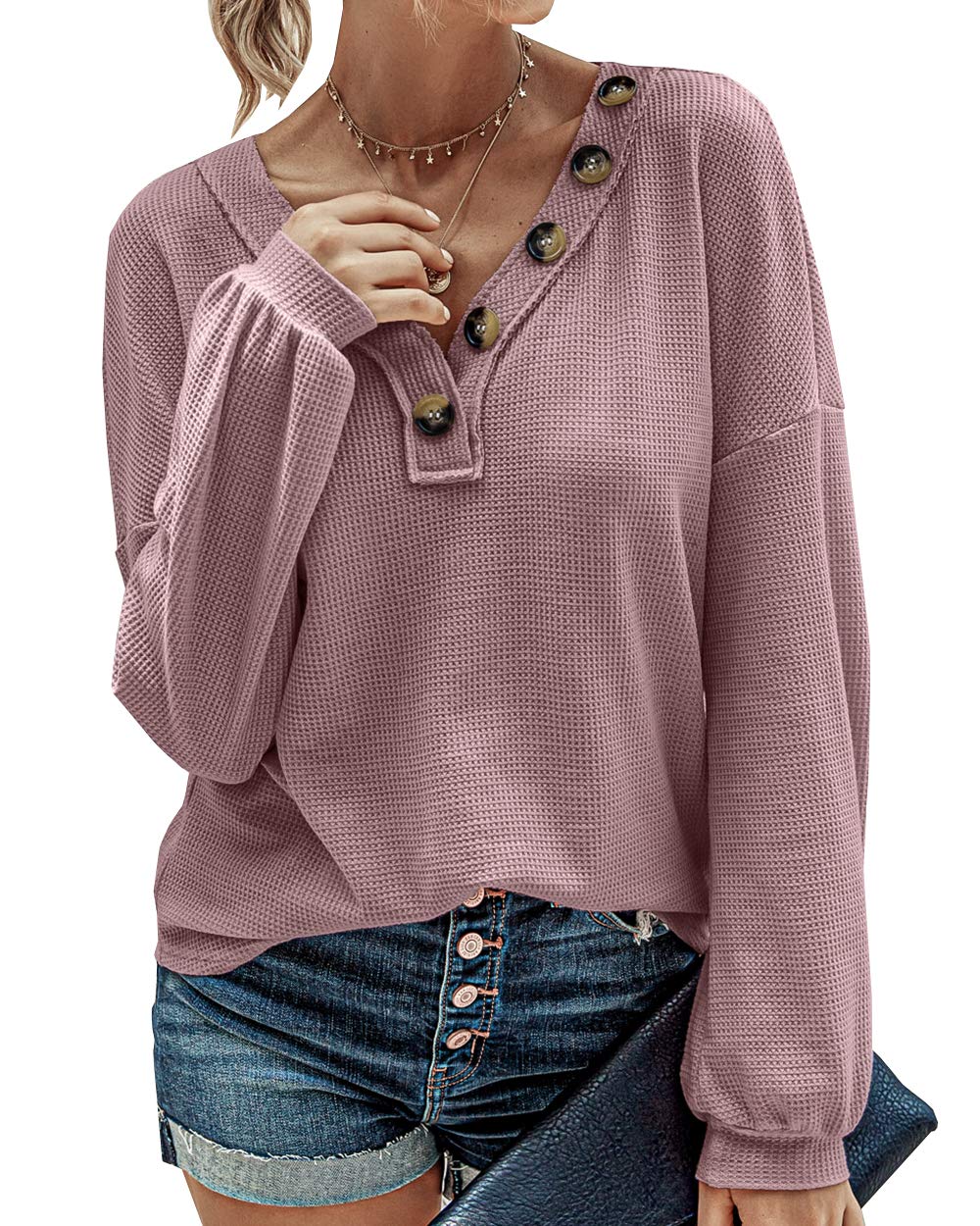 BTFBM Women's Long Sleeve V-Neck Blouse - 2025 Fall Fashion Loose Casual Pullover Top with Deco Buttons & Lightweight Waffle Knit Fabric | Perfect for Work, Date Night & Autumn Layering