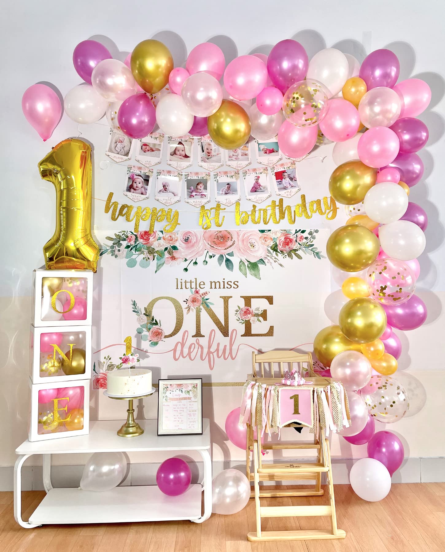 Baby Girl 1st Birthday Party Decorations Set - Balloon Boxes, Backdrop, High Chair Banner, Crown & Photo Banner for First Birthday Celebration | Perfect for Cake Smash, Photoshoot & Nursery Decor