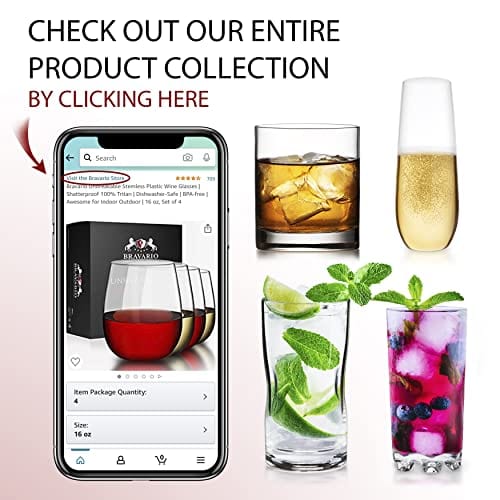 Bravario Unbreakable Stemless Plastic Wine Glasses - 13oz Shatterproof Tritan Cups, Set of 4 | BPA-Free, Dishwasher Safe & Reusable | Perfect for Pool Parties, Picnics, Camping & Outdoor Events