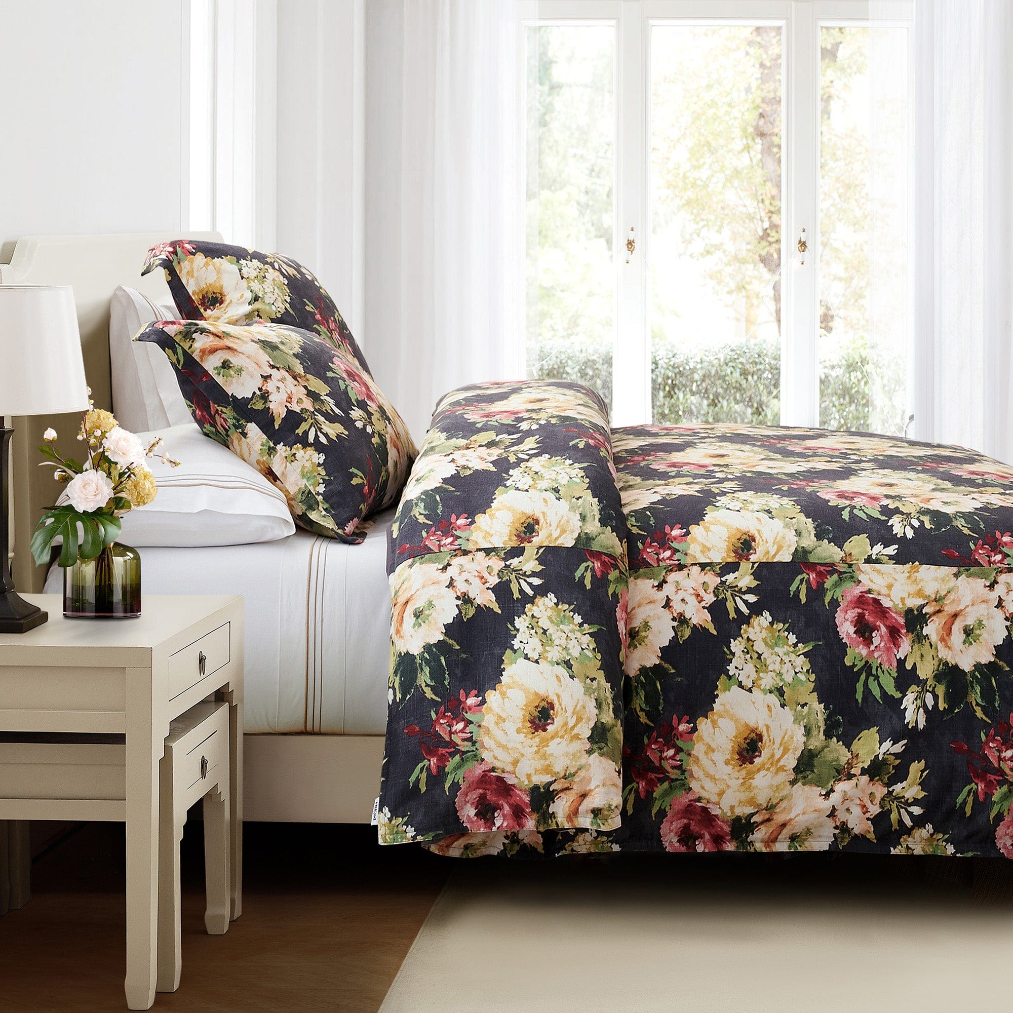Premium Peony Washed Linen Bedding Set - Queen Size 4-Piece (Duvet Cover + 2 Pillowcases + Sheet) - Breathable & Soft for All Seasons - Perfect for Master Bedroom, Guest Room & Vacation Homes