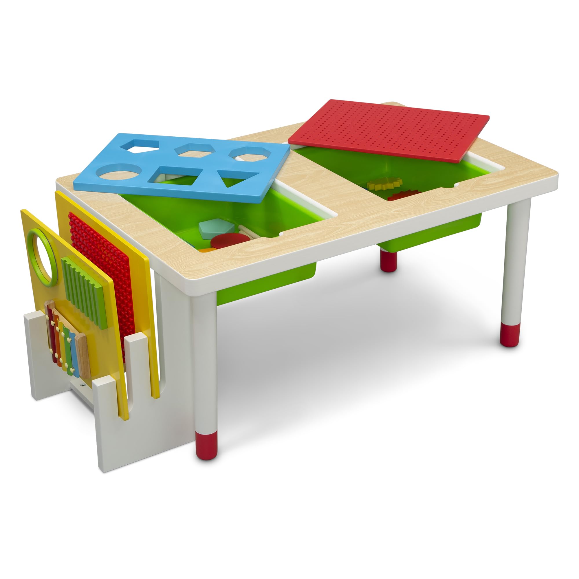 Delta Children Play and Learn Sensory Table for Kids - Shape Sorting, Building Blocks, Gears & Musical Instruments - Sand & Activity Table for Toddlers (White/Primary) - Perfect for Preschool Learning & Indoor Playtime Activities