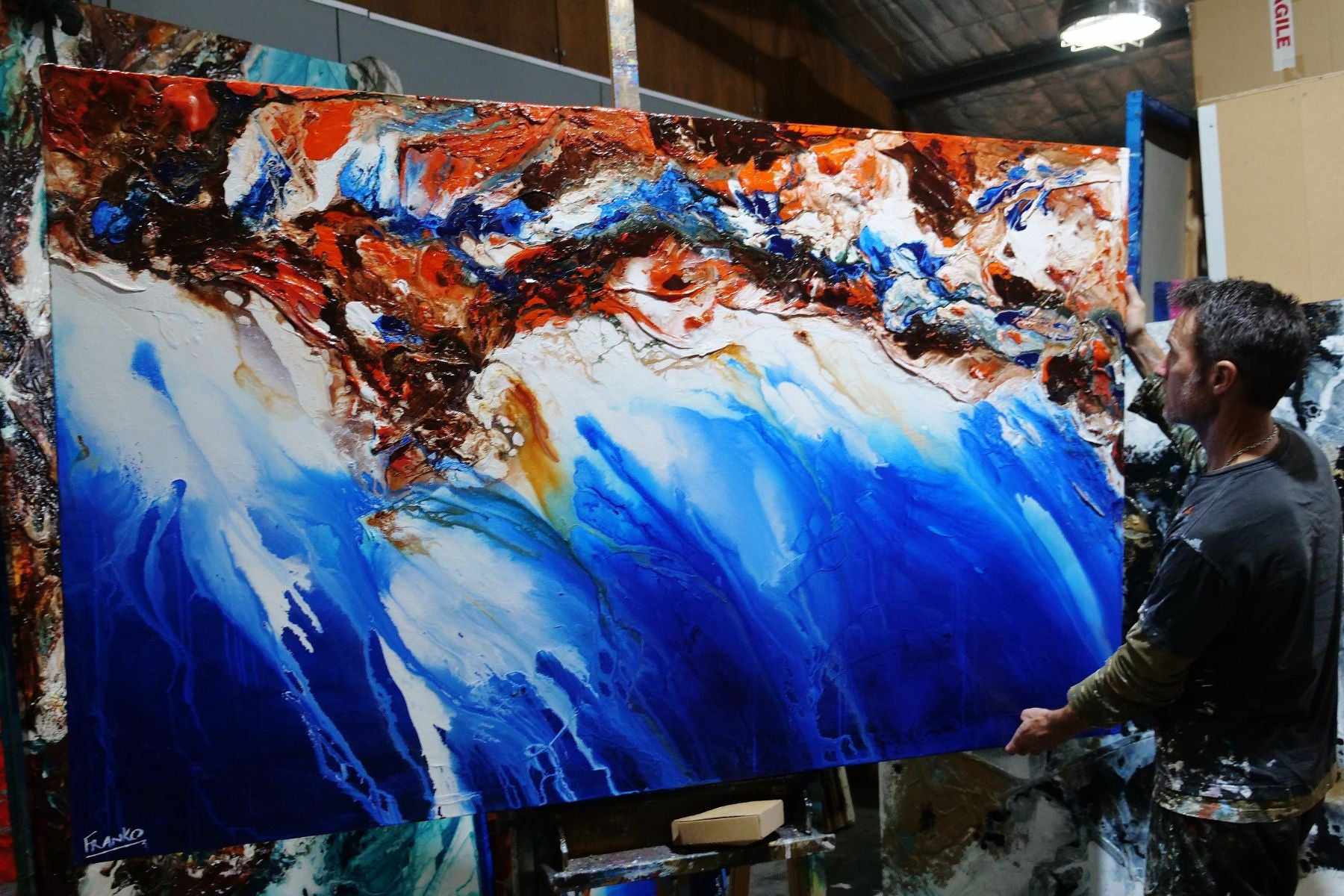 Rusted Oxide Coast Abstract Painting - 200cm x 120cm Blue & Orange Textured Wall Art for Living Room, Bedroom, or Office Decor