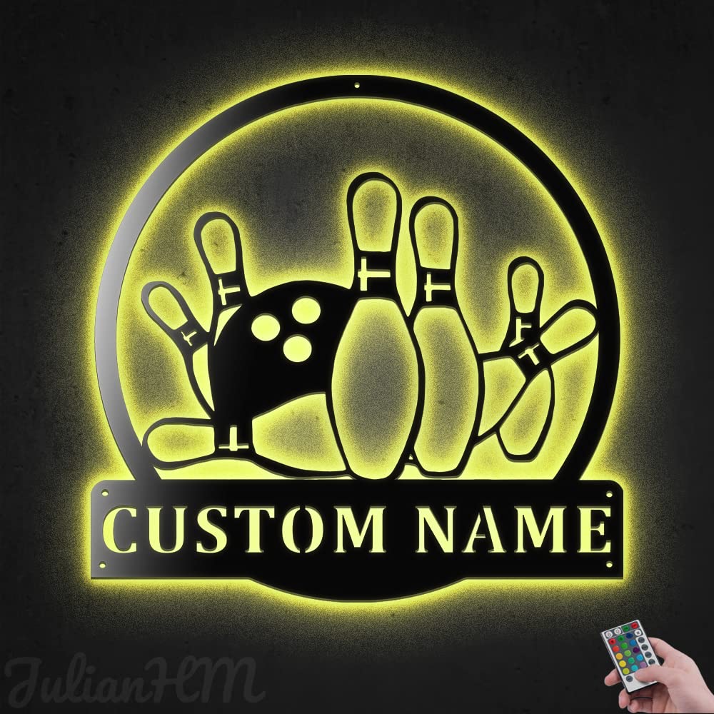 Custom Bowling Metal Wall Art with LED Lights - Personalized Bowler Name Sign for Living Room Decor, Bowling Game Sport Gift - 12x12 Inches Home & Bar Decor for Bowling Enthusiasts