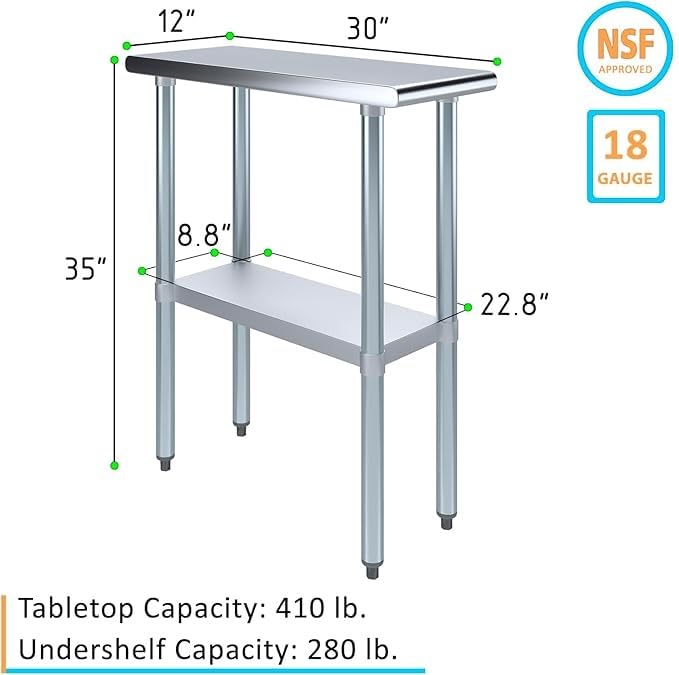 NSF Certified Heavy Duty Stainless Steel Prep Table - Commercial & Home Kitchen Use with Galvanized Shelf, Adjustable Legs & Optional Wheels - Perfect for Restaurants, Food Trucks & Home Chefs