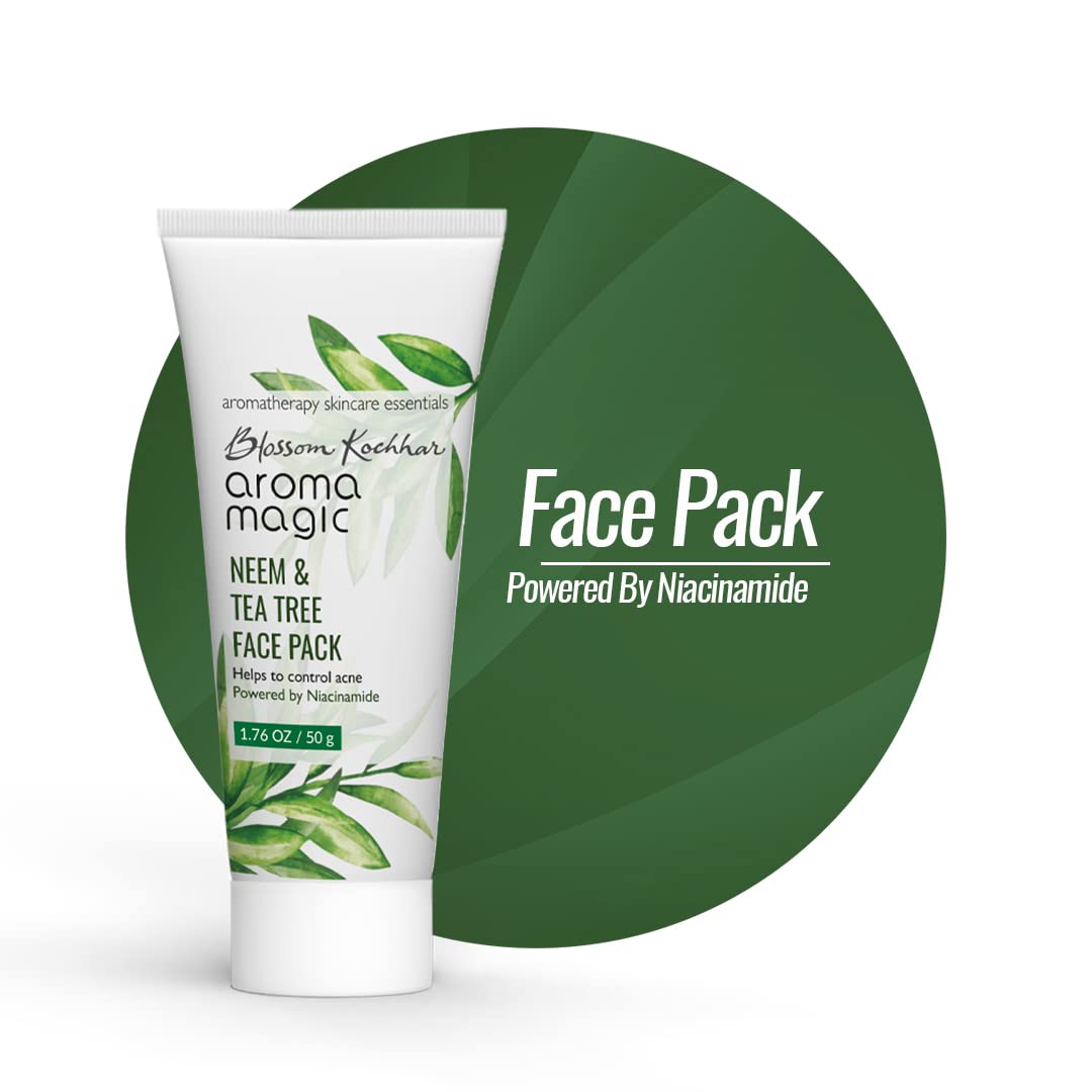 Aroma Magic Neem & Tea Tree Face Pack with 5% Niacinamide, Aloe Vera & Lemon Extracts - Acne Treatment for Oily Skin, Reduces Blackheads & Tightens Pores - Lavender Essential Oil Infused - 50g | Perfect for Daily Skincare Routine & Post-Workout Face Care