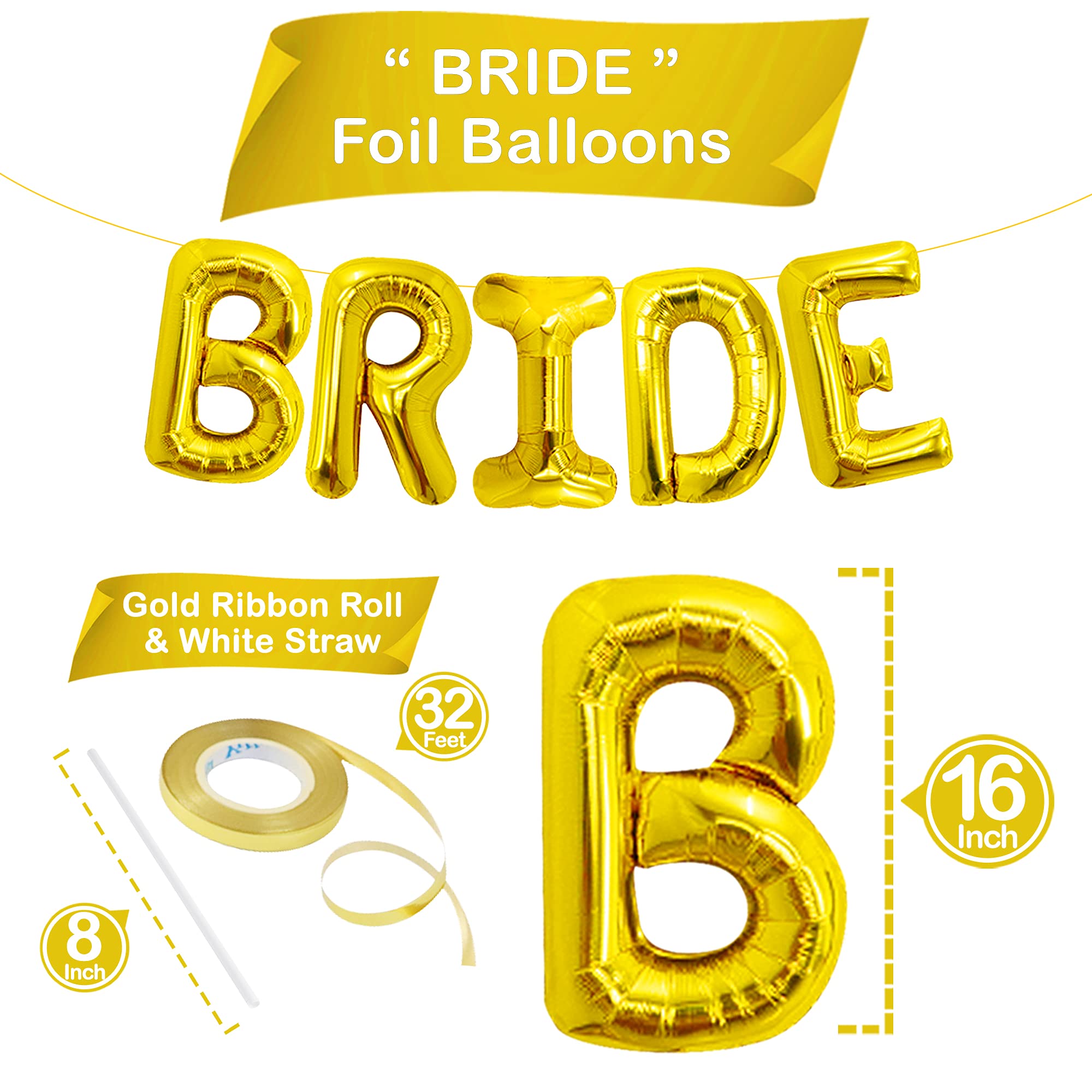 16 Inch Gold Bride Balloons for Bachelorette Party & Bridal Shower Decorations | KatchOn Premium Wedding Balloons | Perfect for Bachelorette Party, Bridal Shower, Wedding Reception & Photo Backdrop