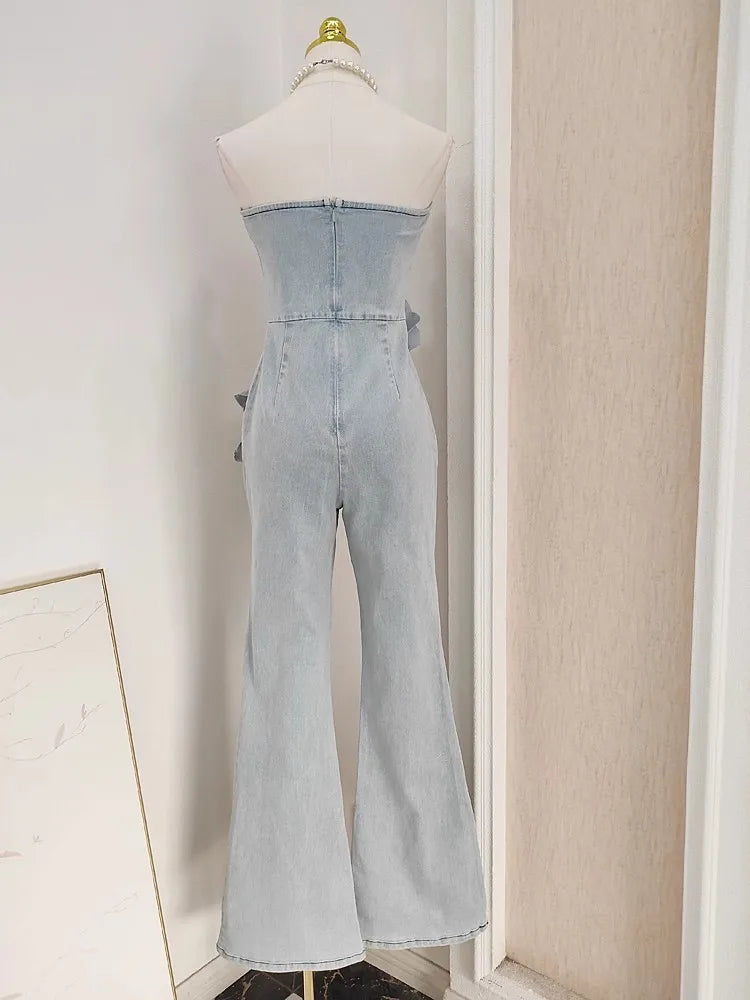3D Floral Applique Strapless Denim Jumpsuit for Women - Off Shoulder Sleeveless High Waist Romper - Solid Color Full Length Overalls for Summer Outings & Beach Vacations