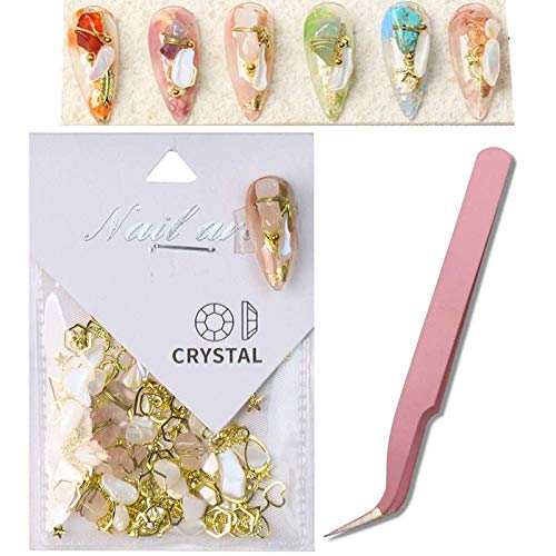 3D Nail Art Decoration Stones - Mix Sizes Crystal Shell Pieces with Professional Tweezers for DIY Manicure (Jade Powder) | Perfect for Nail Salon, Home Nail Design & Gift Giving