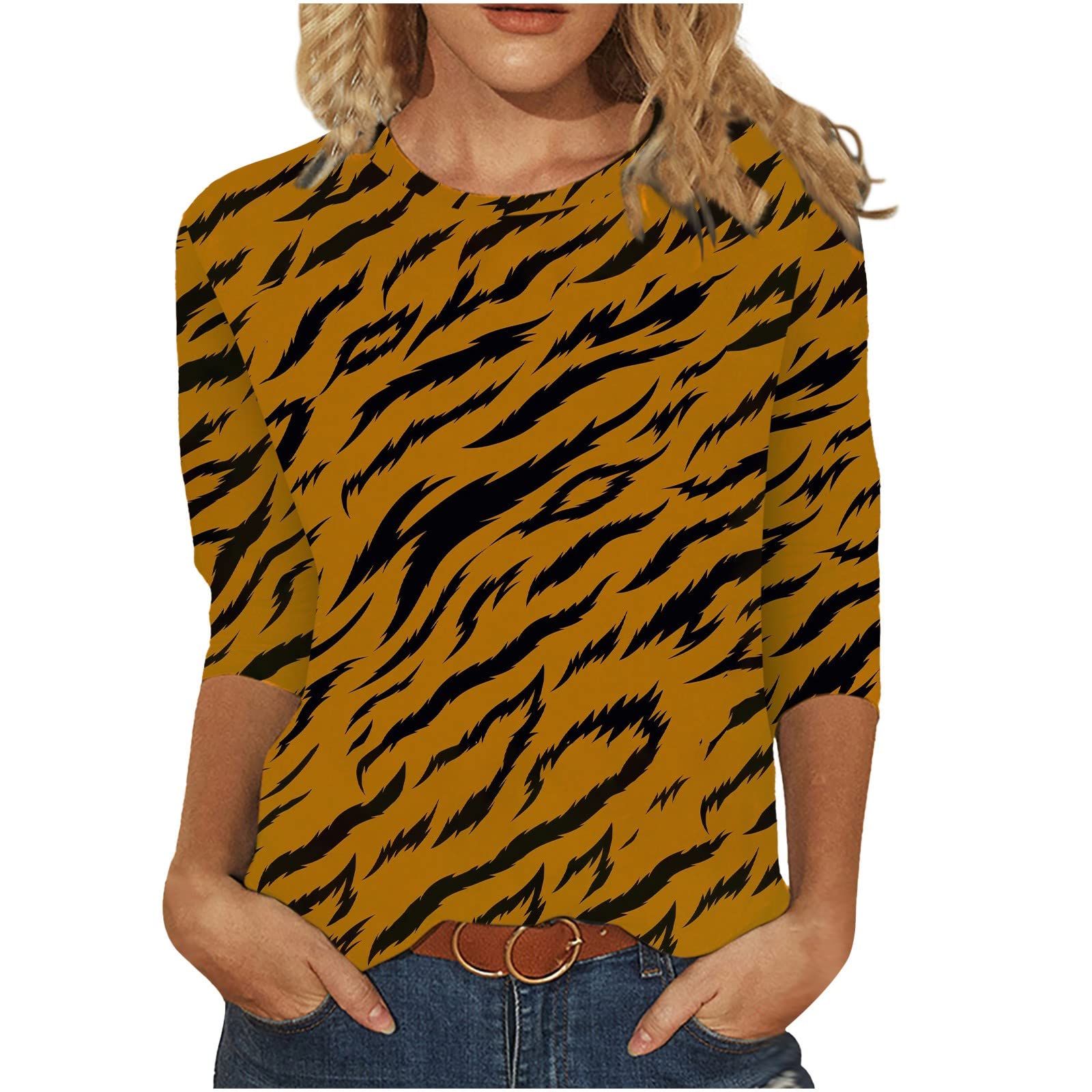 Dgoopd Women's 3/4 Sleeve Tiger Print Crewneck T-Shirt - Summer Casual Loose Tunic Top Plus Size Blouse for Work, Travel & Everyday Wear