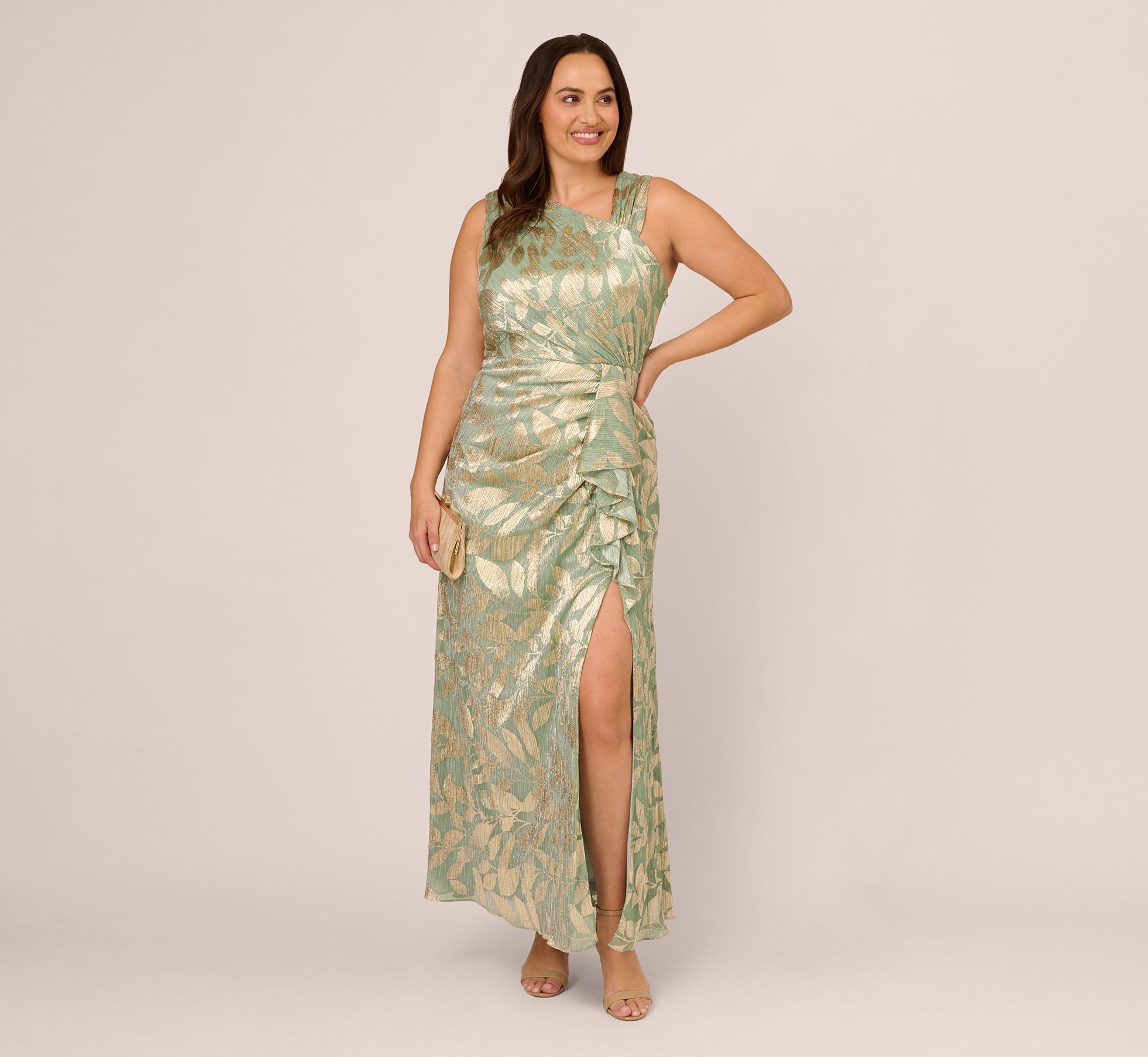 Elegant Plus Size Sage Gold Foil Printed Asymmetric Gown with Ruffled Details - Perfect for Formal Events, Evening Parties, and Special Occasions