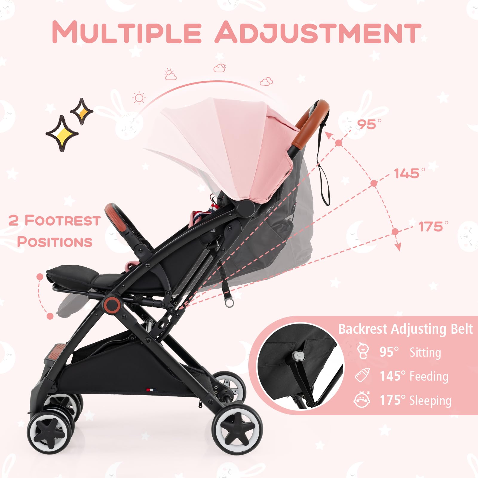 HONEY JOY Lightweight Compact Baby Stroller - One-Hand Fold Travel Stroller for Airplane, Fits Cabin & Overhead Bins, Self-Standing Toddler Stroller with Adjustable Backrest & Canopy (Pink) | Perfect for Air Travel, Shopping, and Daily Walks