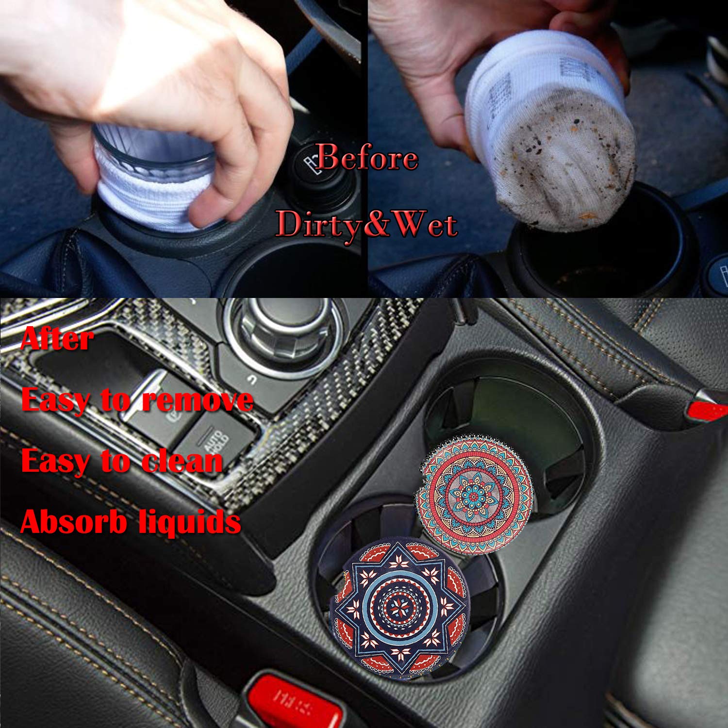 2 Pack Absorbent Mandala Ceramic Car Coasters - Non-Slip Drink Coasters for Car Cup Holders | Car Accessories & Decor for Women | Perfect for Road Trips, Commuting & Coffee Lovers