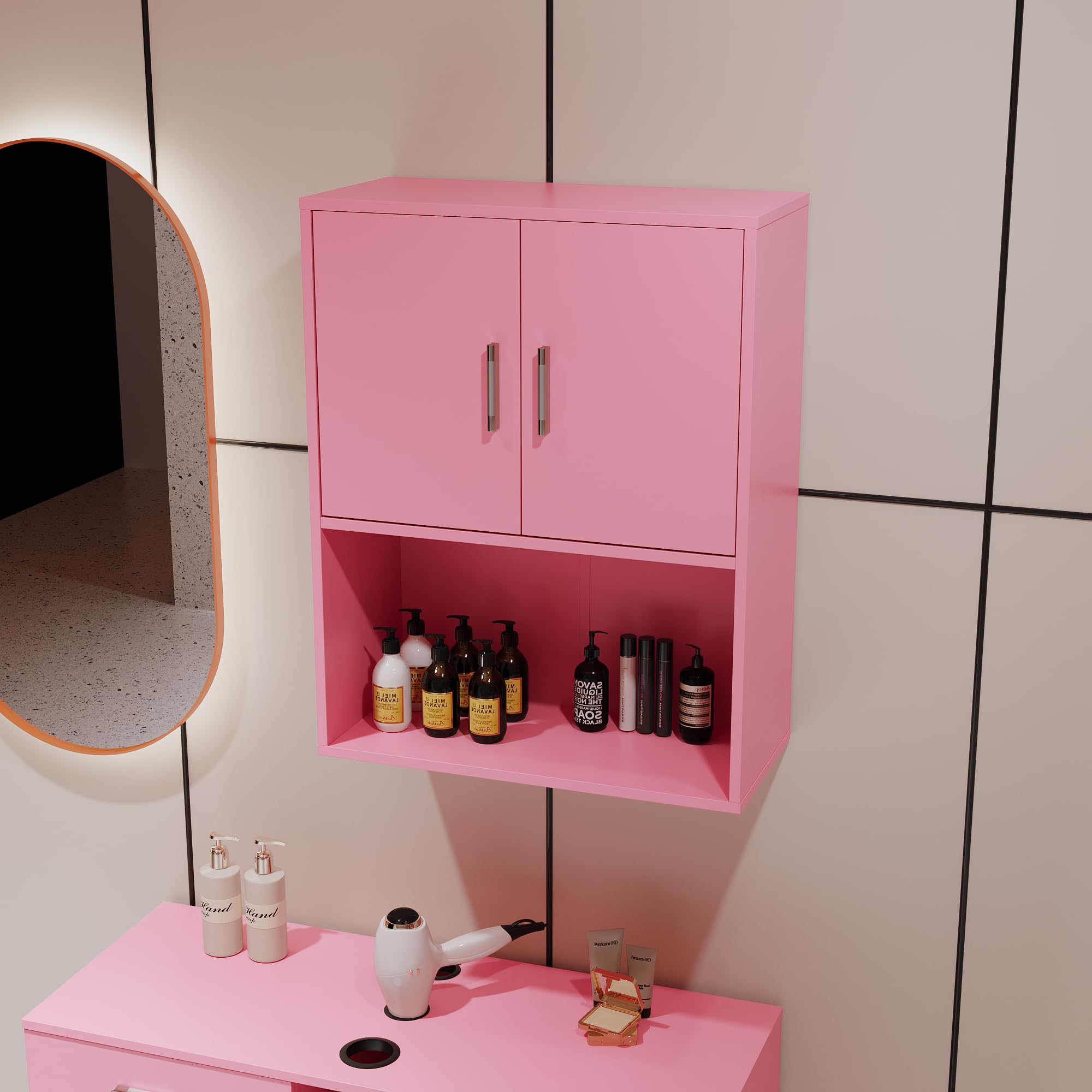 Modern Pink Wall Mounted Salon Cabinet - 2 Doors & Open Shelf Locking Storage for Barber Shop, Beauty Spa - Perfect for Organizing Hair Styling Tools, Salon Supplies & Equipment
