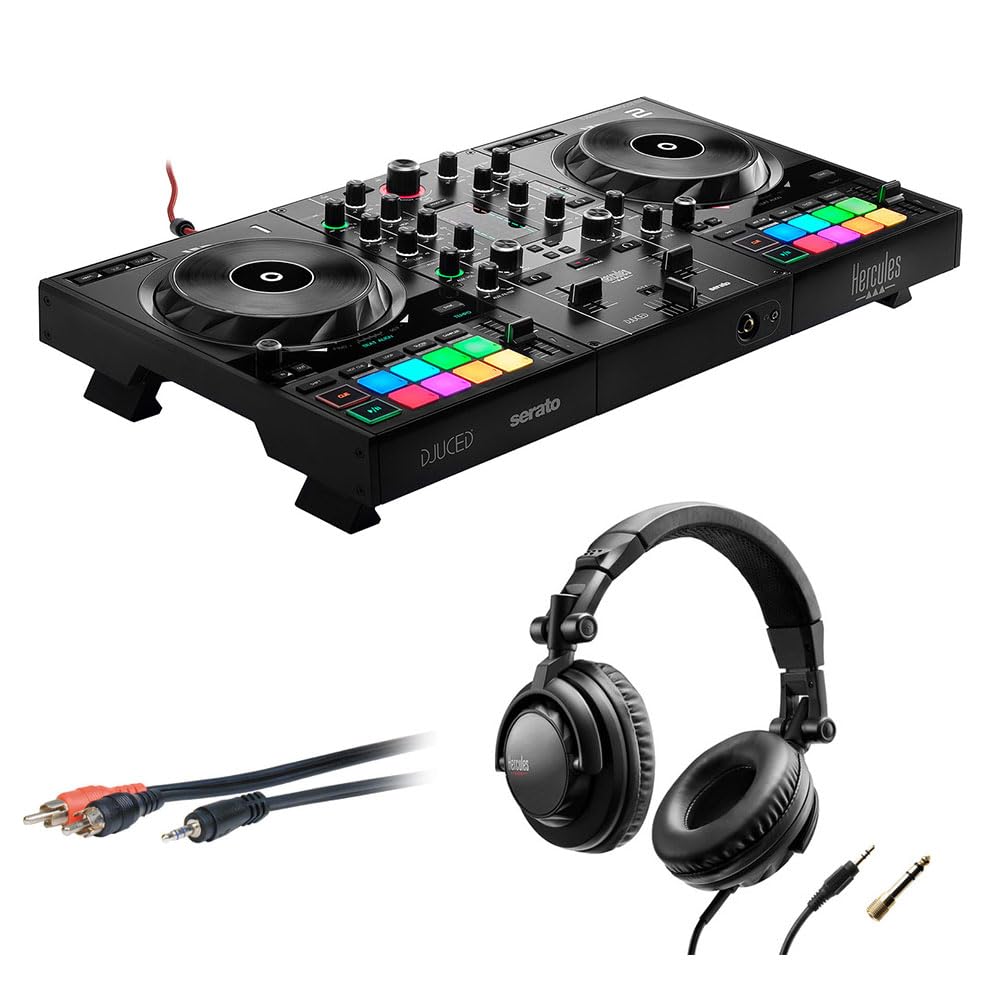 Hercules DJControl Inpulse 500 Professional DJ Controller with HDP DJ45 Over-Ear Headphones & RCA Cable Bundle - Perfect for Home DJing, Club Performances & Music Production