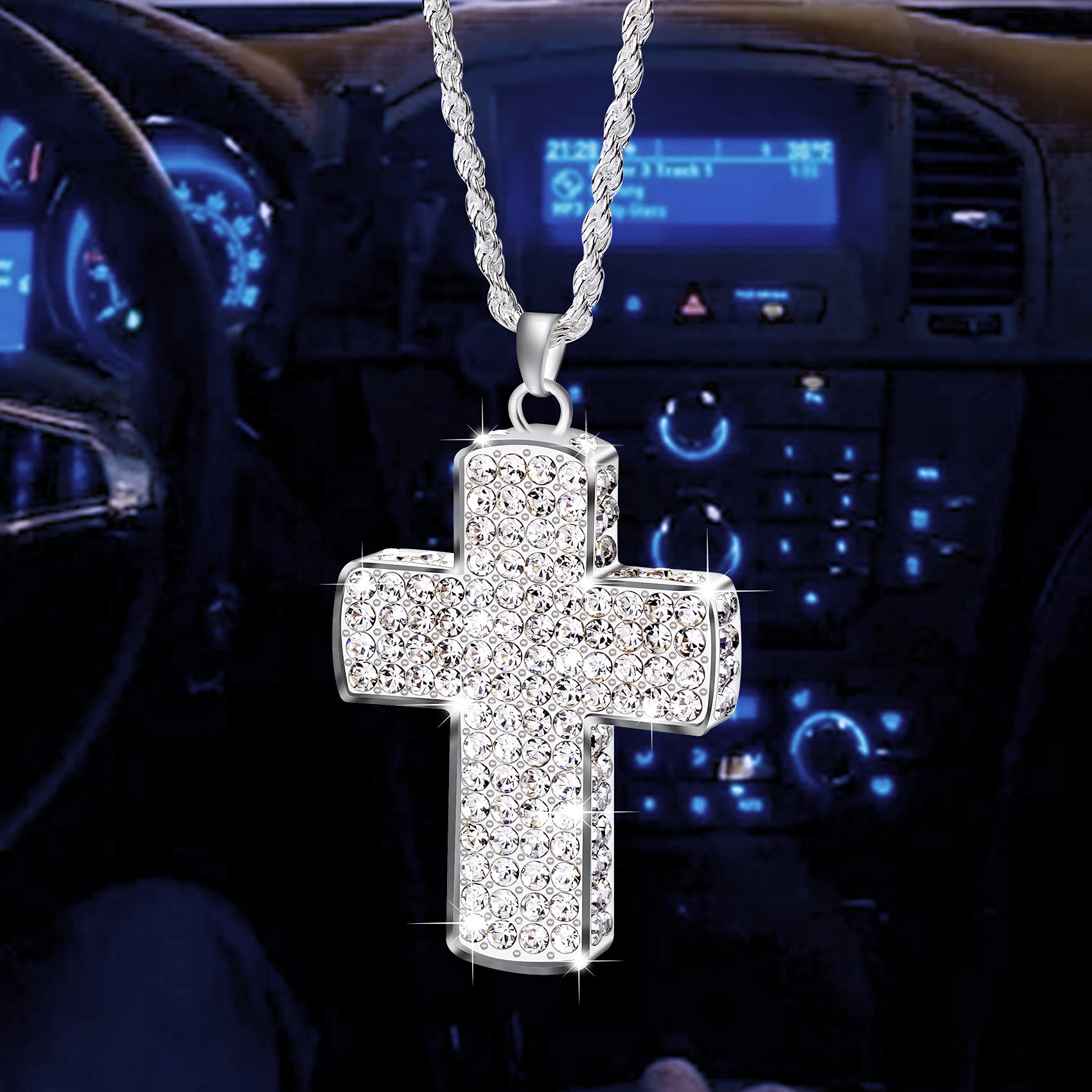 PAGOW Double-Sided Crystal Diamond Cross Car Rearview Mirror Pendant - Bling Car Accessories for Women, Elegant Vehicle Interior Decor - Perfect for Daily Commute, Road Trips & Gift Giving