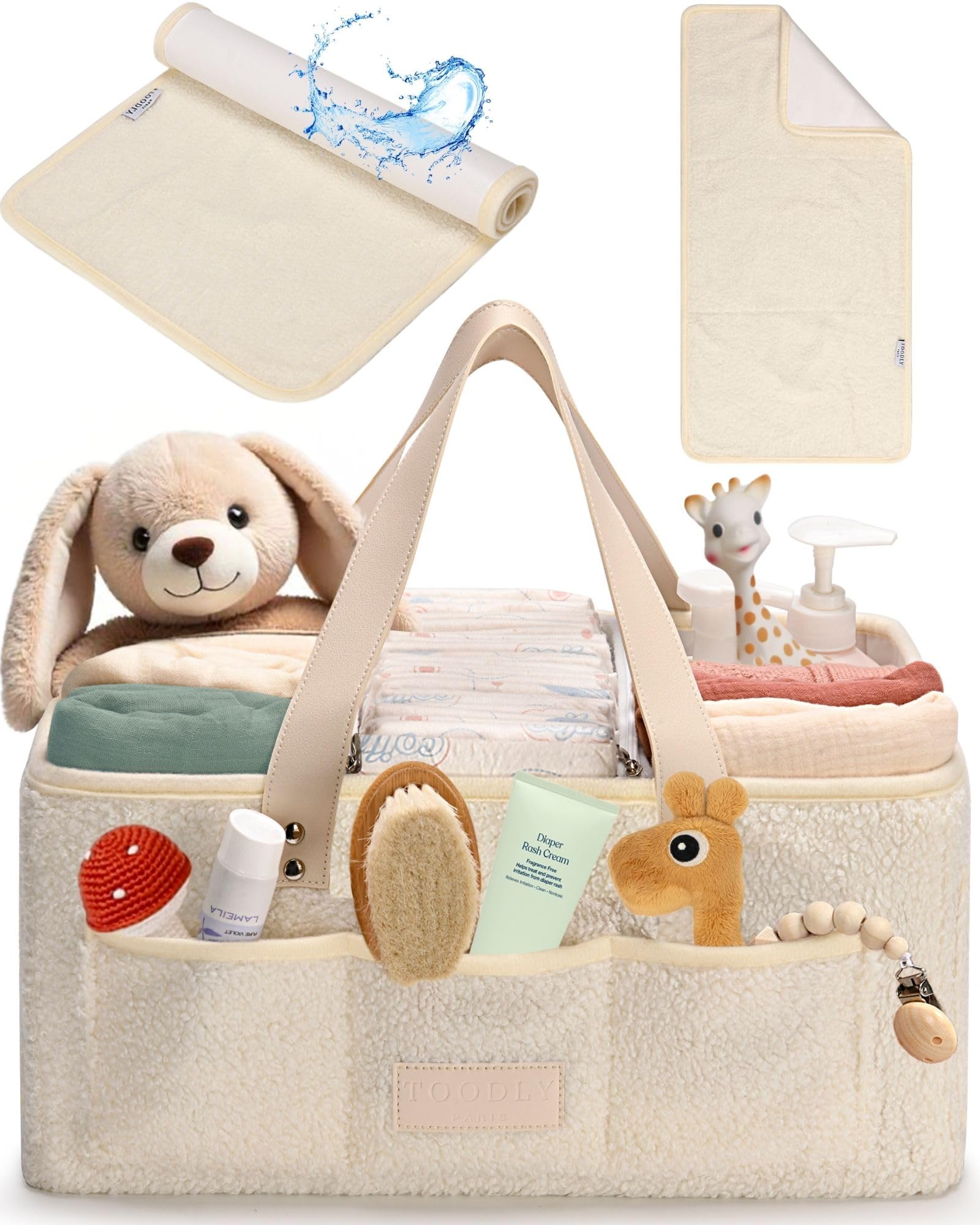 Portable Baby Diaper Caddy Organizer with Soft Teddy Fleece Changing Mat - Nursery Storage Basket for Diapers, Wipes & Essentials - Removable Dividers for Easy Organization - Perfect for Nursery, Bedroom or On-the-Go Diaper Changes