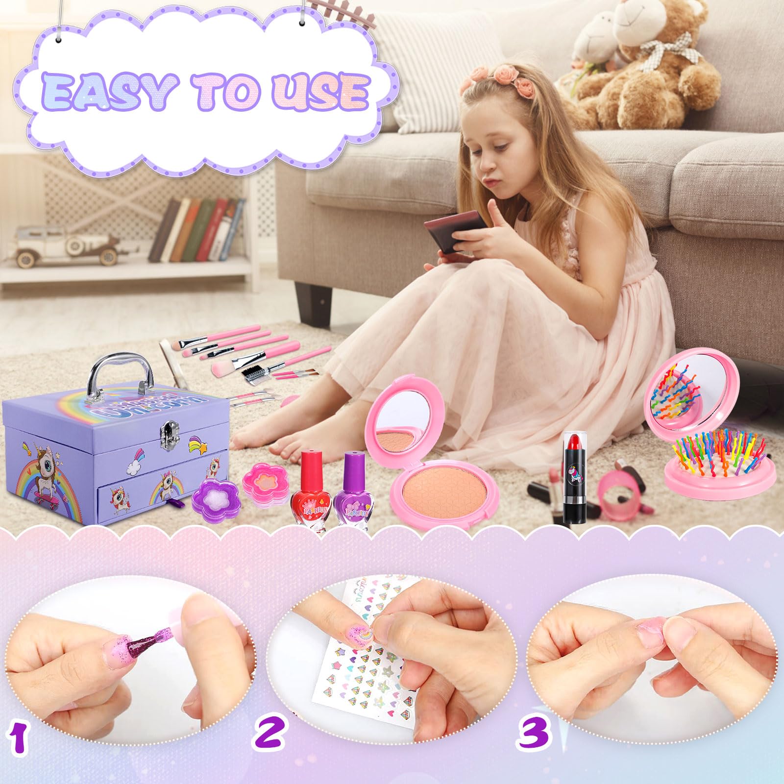 PurpleDi 59-Piece Washable Kids Makeup Kit - Princess Gift for Girls 3-10 Years, Birthday Toy & Playtime Fun