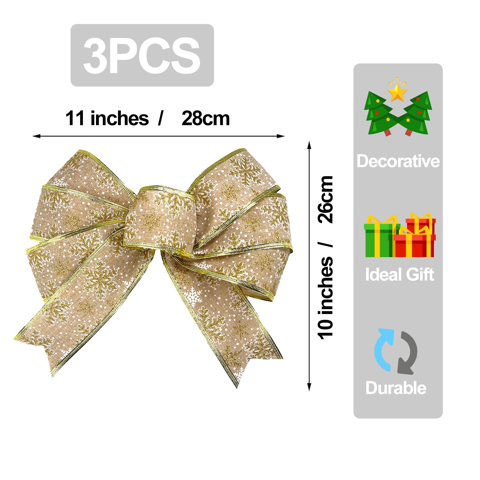 3 Pcs Large 10”×11” Christmas Bows for Wreaths, Presents & Decorations - Premium White Snow Bows for Xmas Tree, Gift Wrapping, Indoor & Outdoor Holiday Decorations