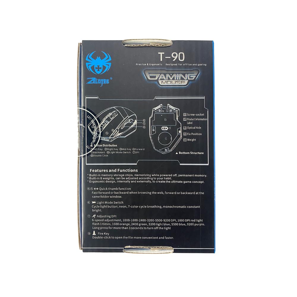 Zelotes T90 Professional Gaming Mouse - 9200 DPI, 8 Programmable Buttons, RGB LED Lights, Adjustable Weight for PC, Laptop, Desktop - Black | Perfect for FPS, MOBA & MMO Games, Office Work & Graphic Design