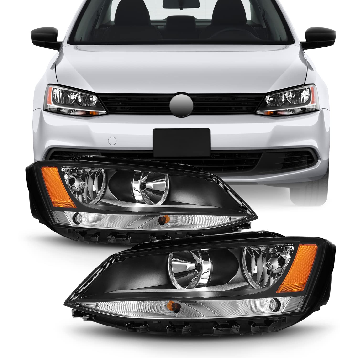 AKKON Direct Replacement Black Bezel Headlights for 2011-2018 VW Jetta - Left & Right Pair - Perfect for Night Driving & Car Upgrades