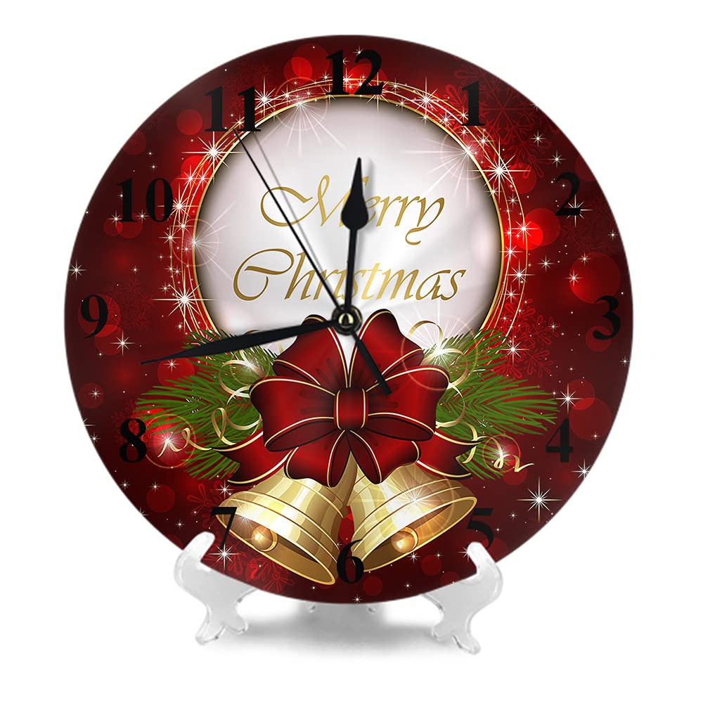 WONDERTIFY 10 Inch Silent Non-Ticking Christmas Wall Clock with Bells, Bow & Snowflakes - Battery Operated Round Decorative Clock in Red, Gold & Green - Perfect for Holiday Home Decor, Living Room, Bedroom & Christmas Gift