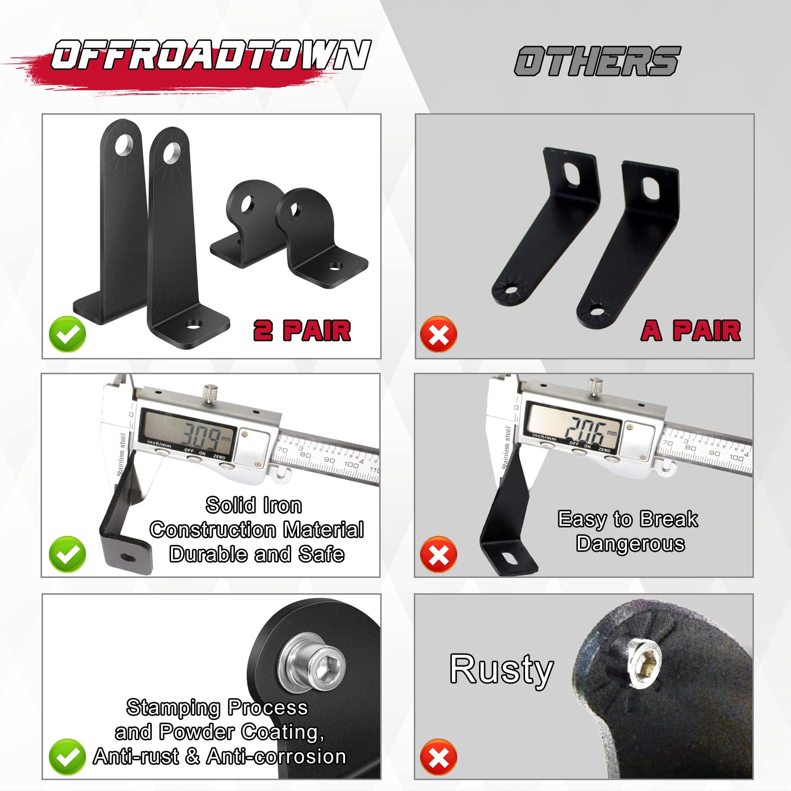 OFFROADTOWN 2 Pack Universal Light Bar Mounting Brackets - Adjustable L-Shape Side Mount for Single Row Straight/Curved Light Bars - Compatible with Jeep, Truck & Offroad Vehicles (Perfect for Night Offroading & Adventure Driving)