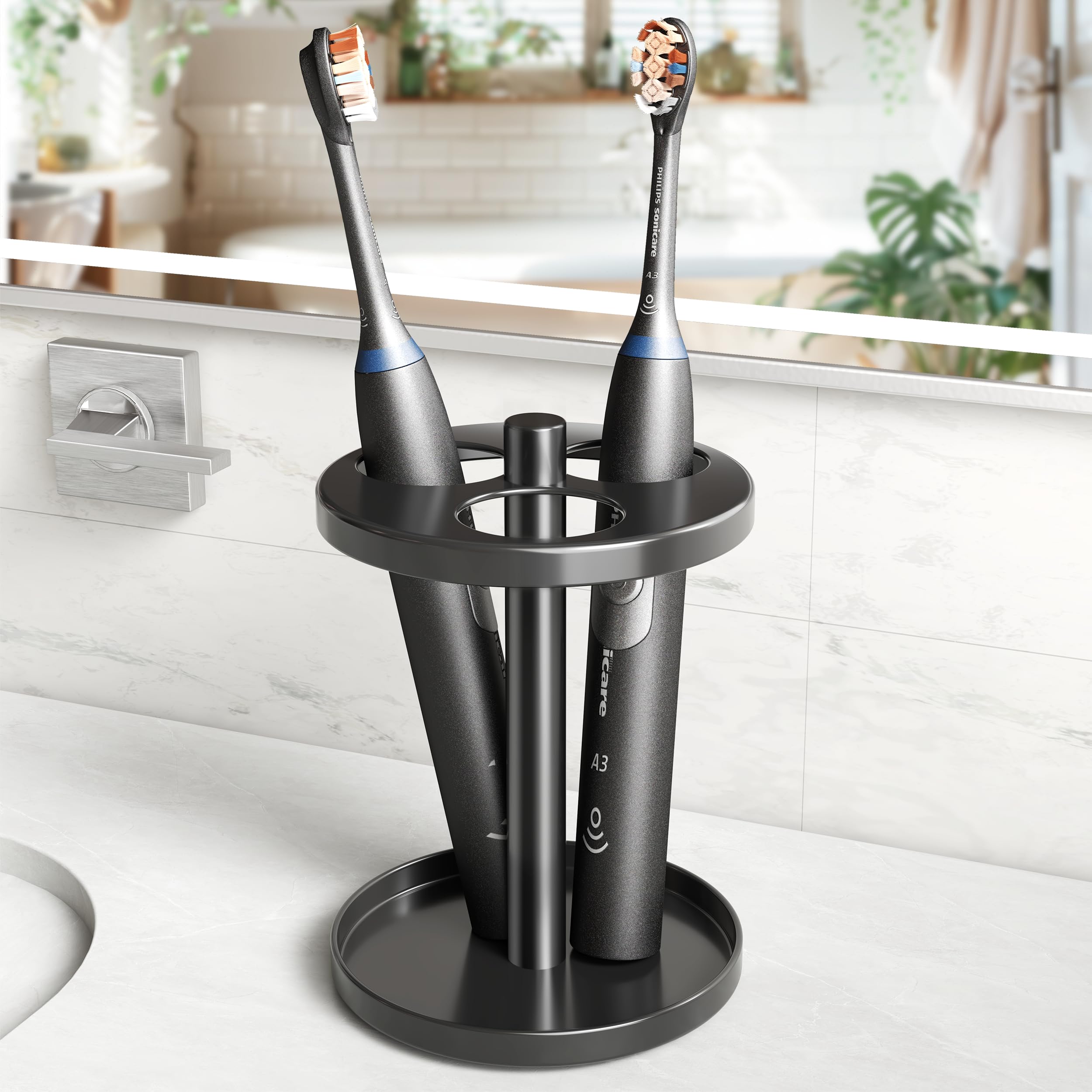 Stainless Steel Electric Toothbrush Holder - Ventilated Bathroom Organizer with Separate Slots for Toothbrushes & Razors, Wall Mount or Countertop Storage, Black | Perfect for Modern Bathrooms & Travel Essentials Organization