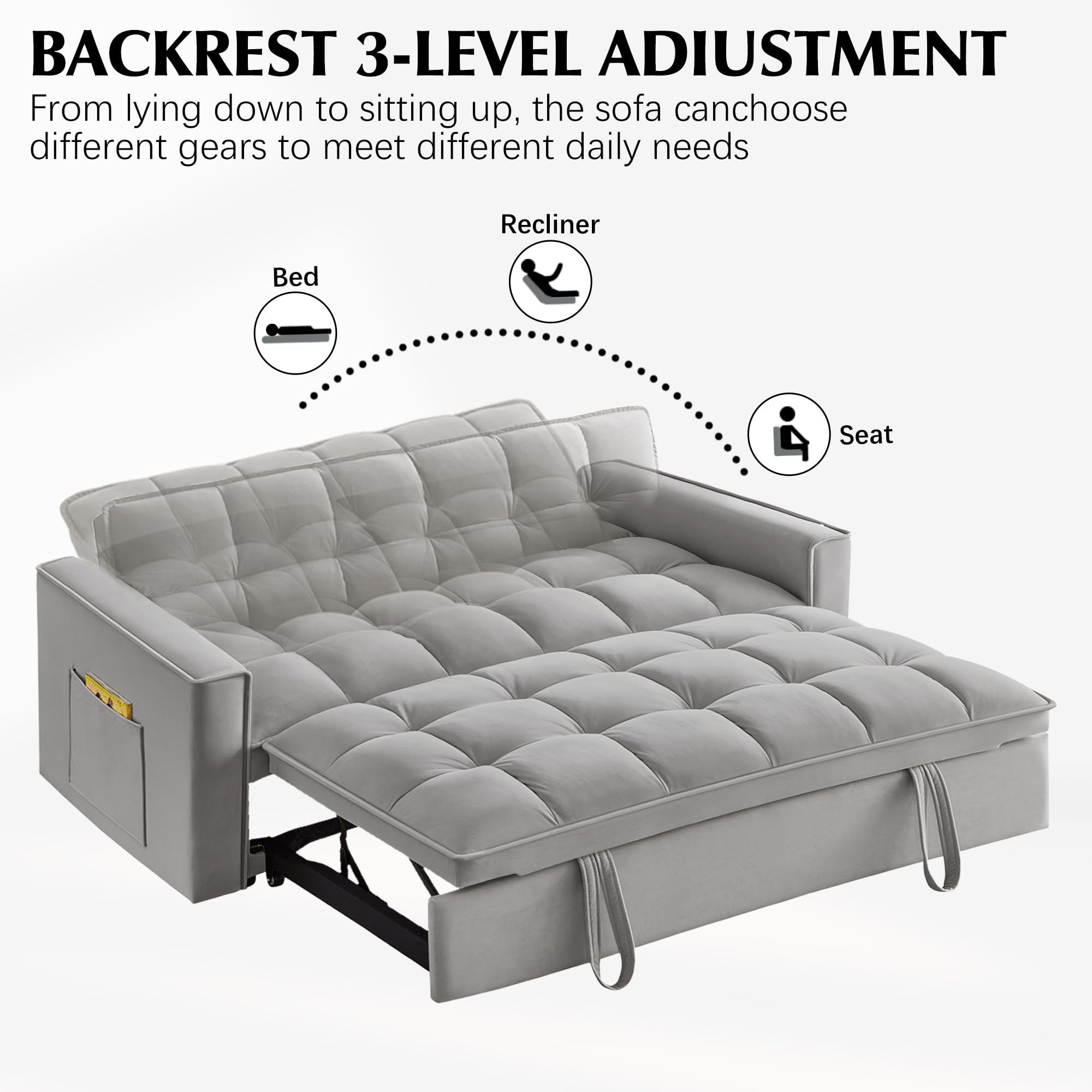 3 in 1 Convertible Velvet Sleeper Sofa Bed with Storage Pockets & 2 Pillows - Modern Foldable Couch for Small Spaces, Living Room, Apartment, Bedroom & Office - Perfect for Guests, Lounging & Space Saving (Gray)