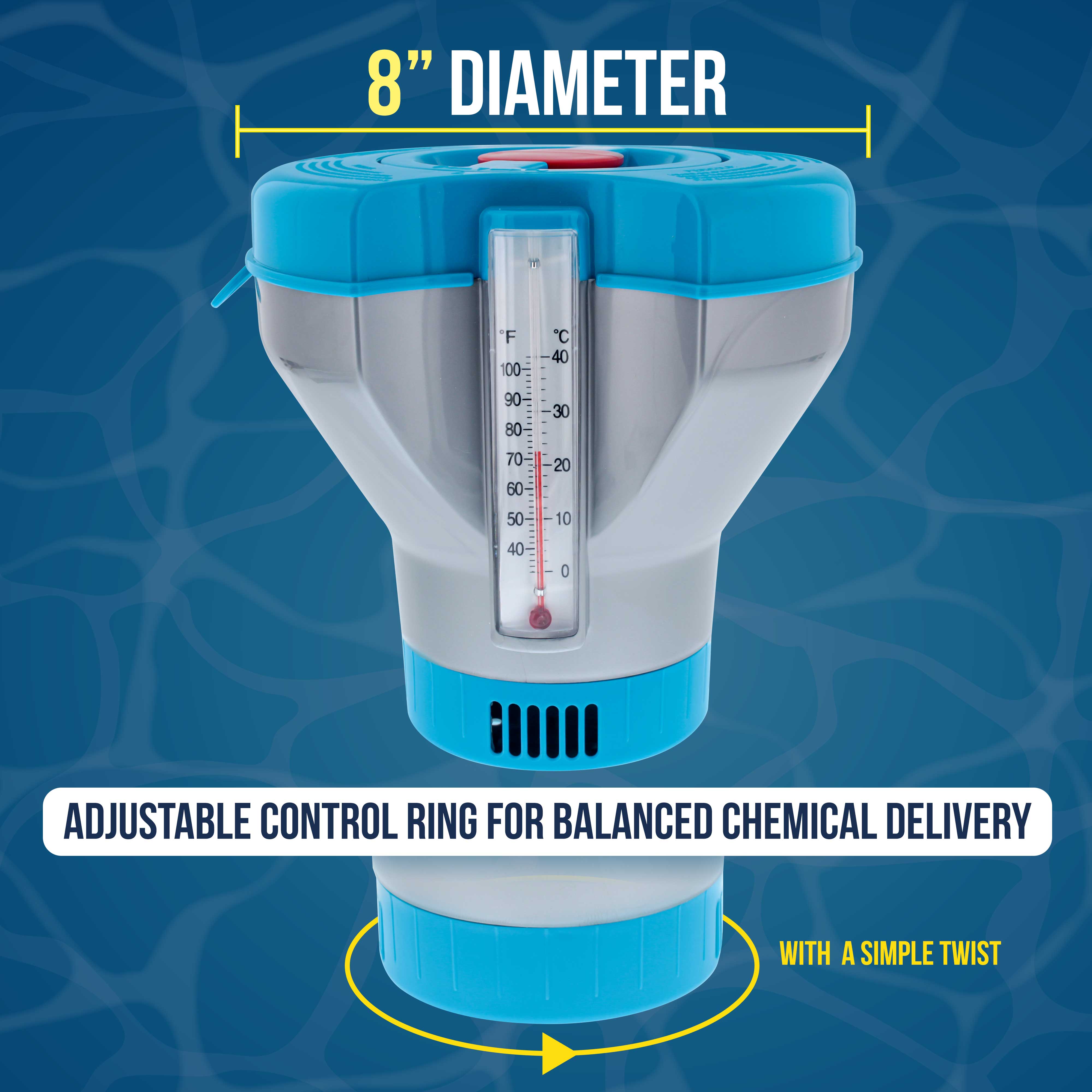 Deluxe Pool Chlorine Floater Dispenser with Built-in Thermometers & Refill Indicator - Large Capacity Holds 3-4 Tablets (8