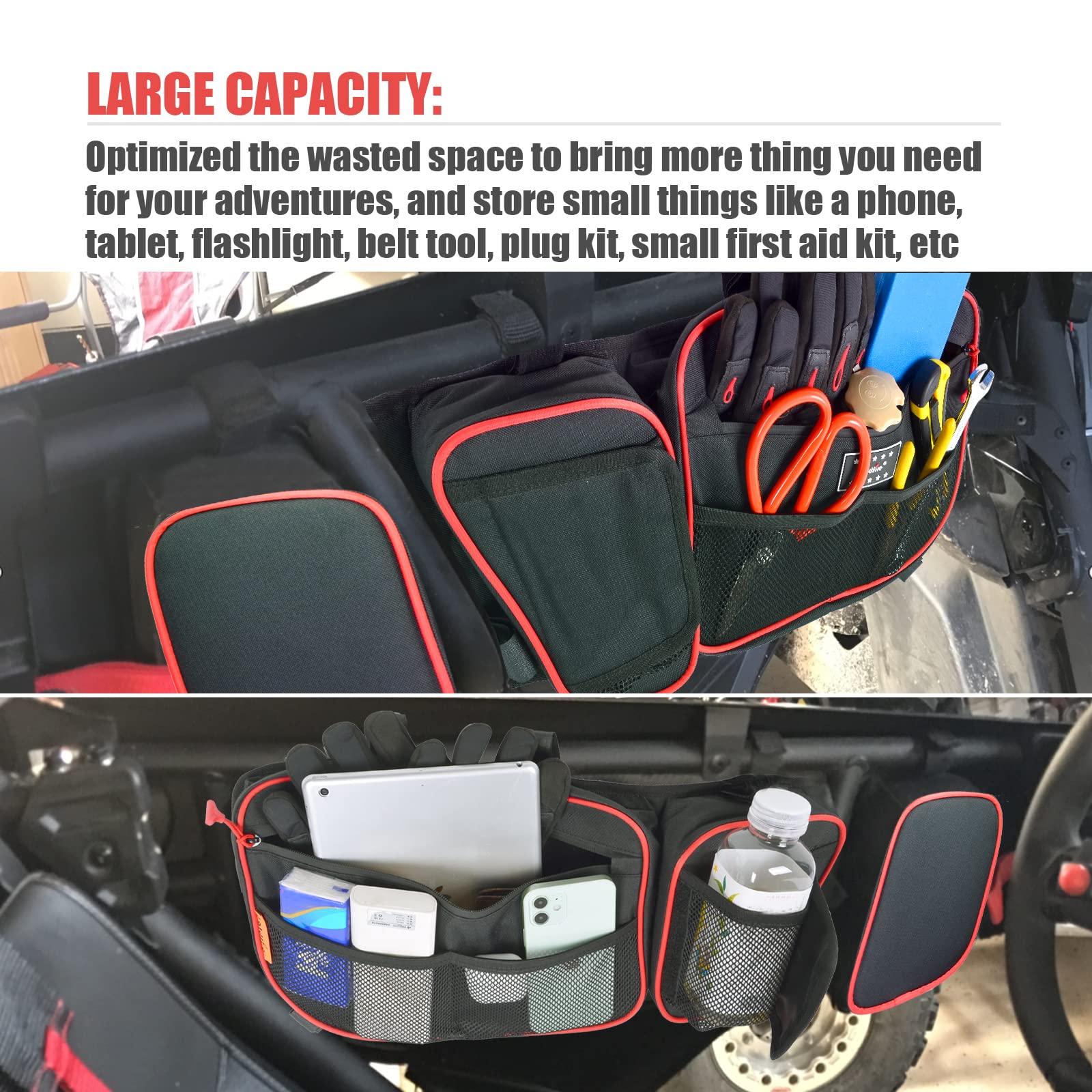 **Can Am Maverick X3 Accessories - Goldfire X3 Front Upper Door Storage Bags, Tool Organizer & Gear Bags with Removable Knee Pad (2017+ Maverick X3 Max/XRS/XDS/Turbo RR) - Red Piping - Perfect for Off-Roading & Adventure Gear Storage**