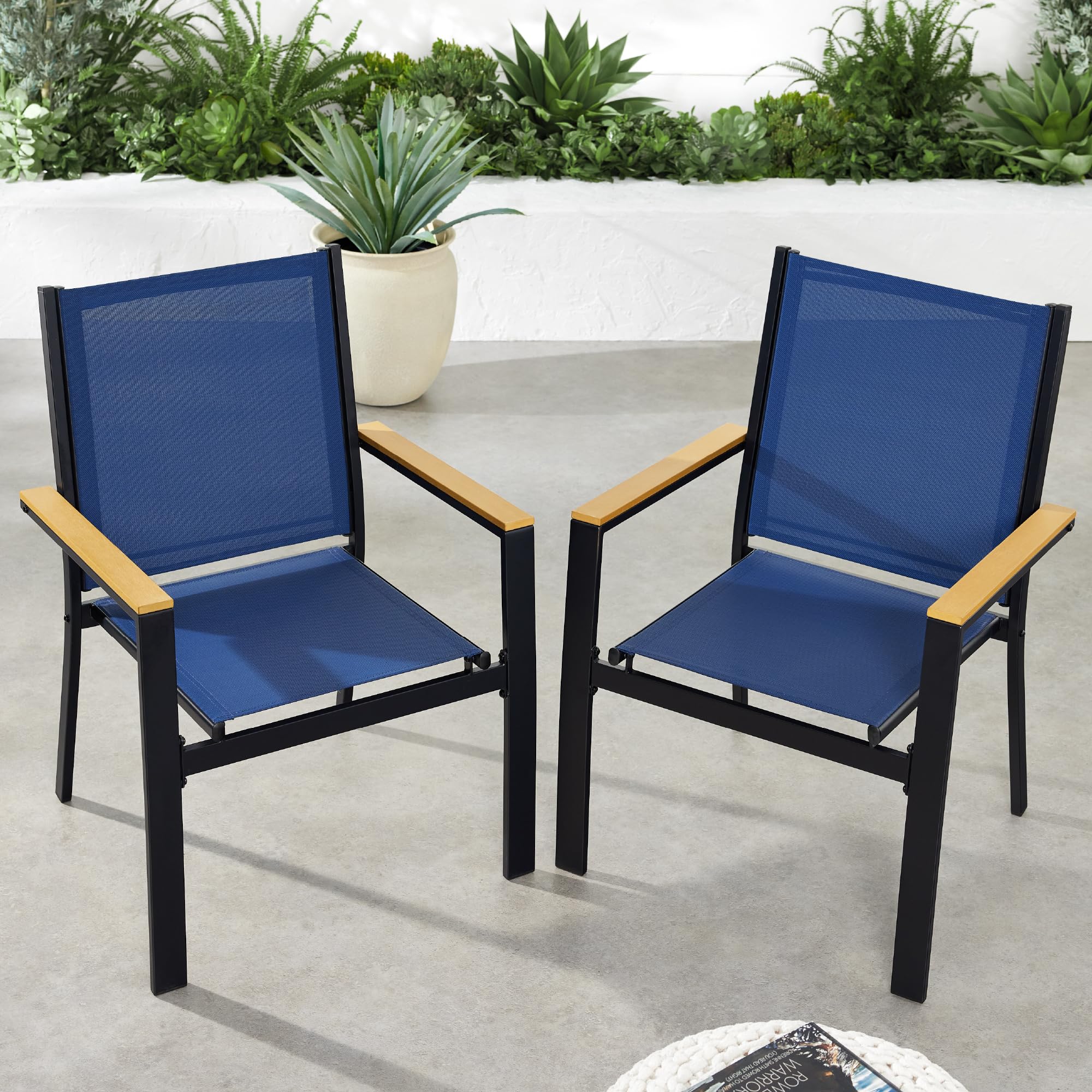 Best Choice Products Set of 2 Stackable Textilene Outdoor Chairs - All-Weather Patio Furniture with Armrests for Dining, Conversation & Relaxation - Black/Navy - Perfect for Backyard, Poolside & Garden Use
