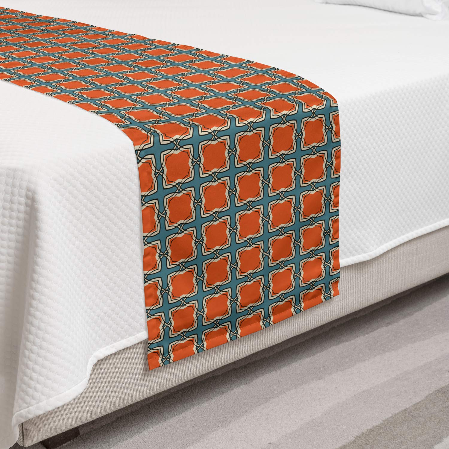 Ambesonne Abstract Bed Runner - Vintage Rhythmic Squares Design in Autumn Tones, Decorative Bed Scarf for Twin Beds (Vermilion & Cadet Blue) - Perfect for Hotels, Homes & Guestrooms | Elegant Bedroom Decor & Seasonal Home Styling