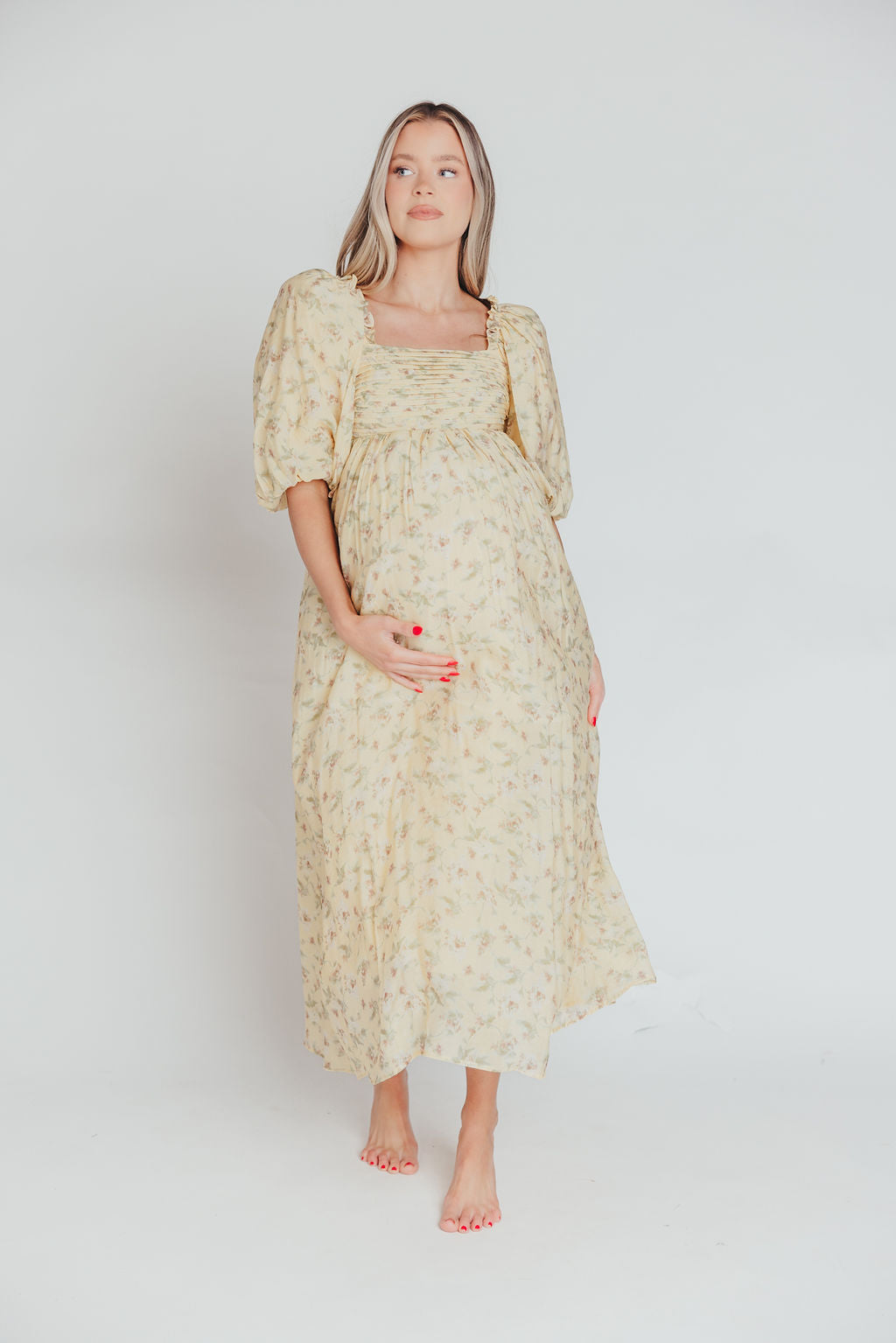 Melody Maxi Dress with Pleats & Bow Detail - Yellow Floral Print | Bump Friendly Maternity Dress | Inclusive Sizing (S-3XL) | Perfect for Weddings, Baby Showers & Summer Vacations