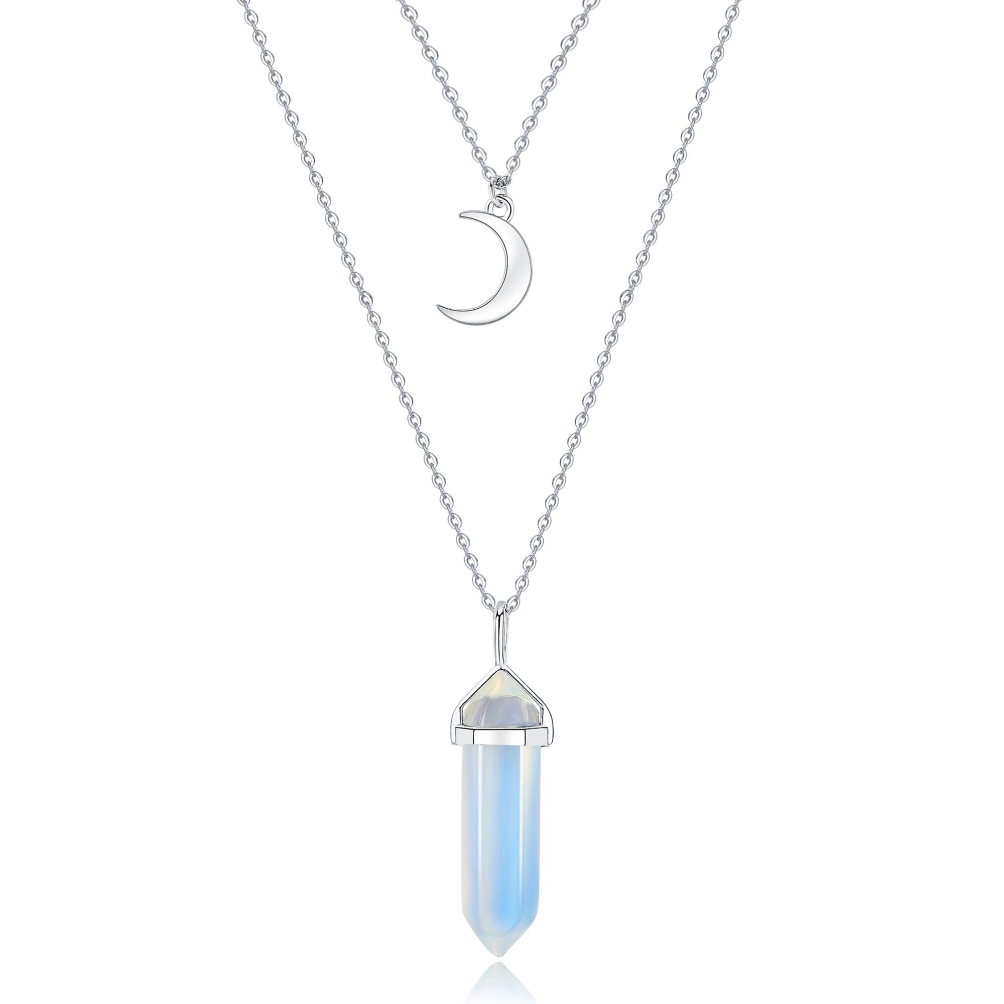 Layered Crescent Moon Necklace with Healing Crystal Stone Point Pendant - Reiki Witch Gemstone Dainty Jewelry for Women | Spiritual Healing, Meditation & Boho Fashion Accessory
