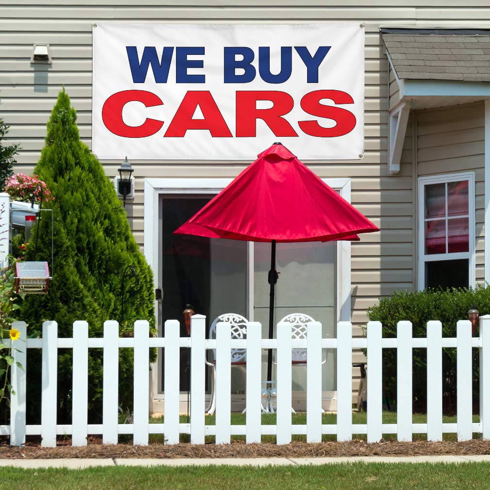 Custom Vinyl Car Buying Banners - 60x144 Inches, Weatherproof & Durable for Outdoor Use - Blue & Red Automotive Signs with 10 Grommets - Perfect for Car Dealerships, Junkyards & Industrial Yard Advertising