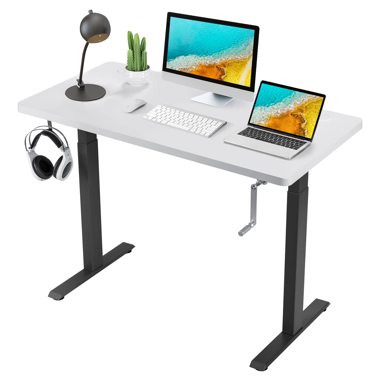 COSTWAY 48 x 24 Inch Adjustable Height Standing Desk - Manual Sit to Stand Workstation with Headphone Hook & Cable Management, Solid One-Piece Table Top for Home Office (Black & White) | Perfect for Remote Work, Gaming & Study Spaces