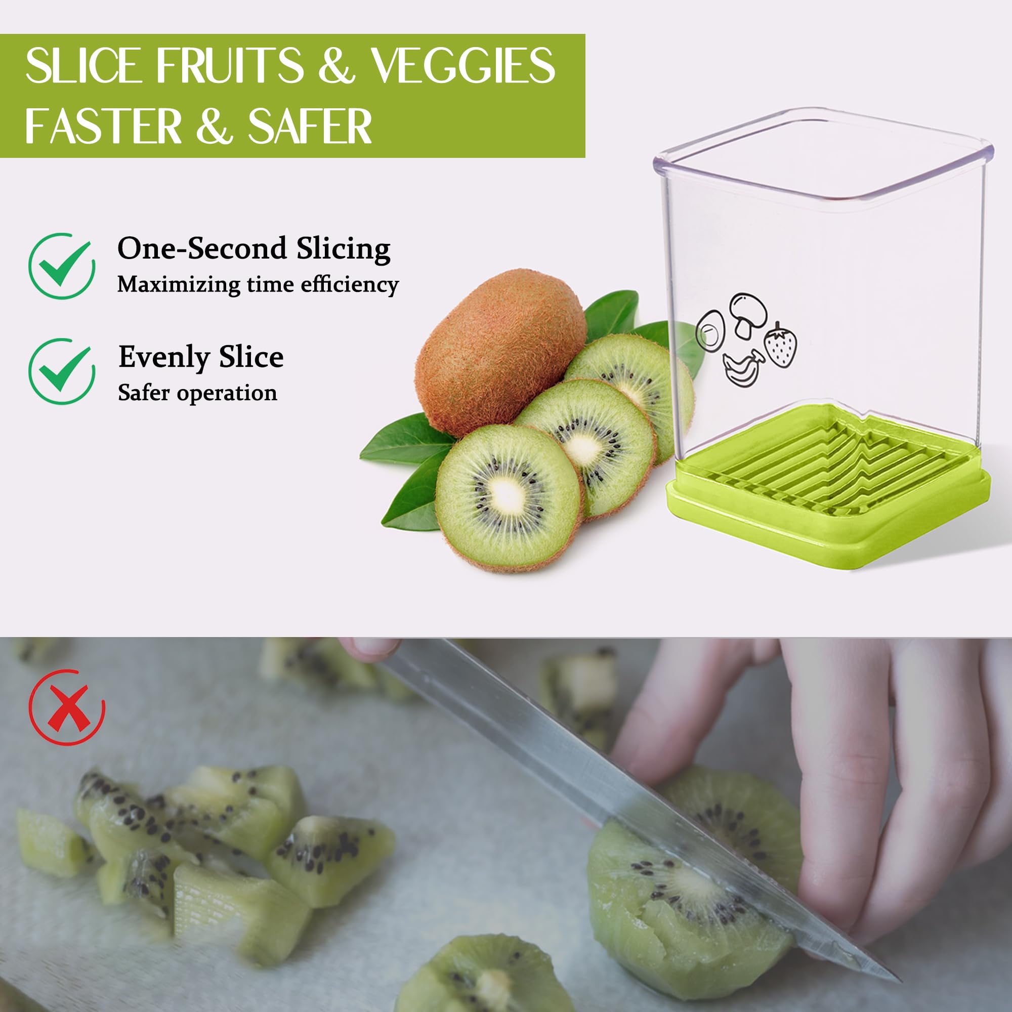 Premium Stainless Steel Fruit Slicer Cup - 5-in-1 Strawberry, Egg, Banana & Vegetable Cutter with Push Plate | Fast & Easy Fruit Salad Maker | Perfect for Smoothie Bowls, Party Platters & Healthy Snacking (Green Kitchen Gadget)