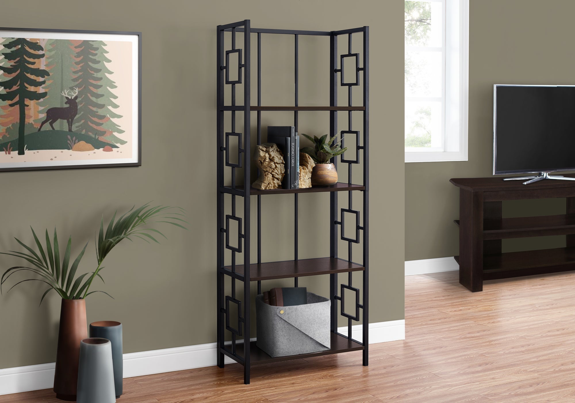 Modern 62 Inch Tall Bookcase with Espresso Finish & Black Metal Frame - Perfect for Living Room, Office, or Bedroom Storage & Display