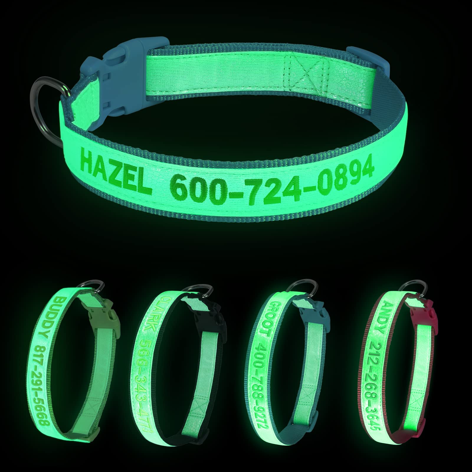 **Custom Glow in the Dark Dog Collar - Personalized Reflective & Embroidered Name & Phone Number - Adjustable Sizes XS/S/M/L for Small & Large Dogs - Perfect for Night Walks, Jogging & Outdoor Safety (Fluorescent Glow)**
