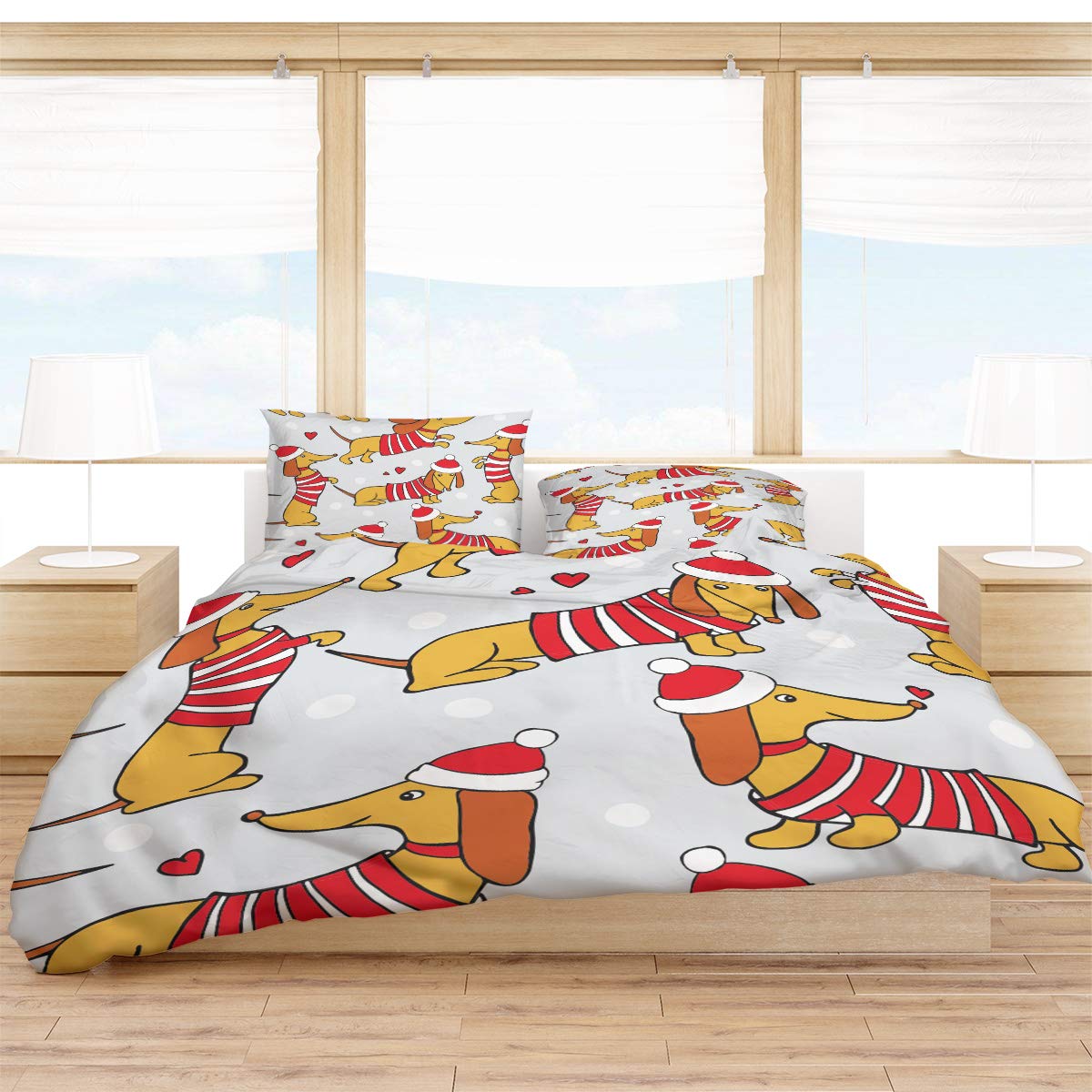**Cartoon Sausage Dog Christmas Queen Comforter Set – 4-Piece Lightweight Microfiber Duvet Cover with Grey Dot Backdrop – Soft Bedding for Adults & Teens – Perfect for Winter & Holiday Decor**    *(Use Case: Cozy holiday-themed bedroom upgrade for Christmas, winter warmth, and playful pet-inspired decor.)*