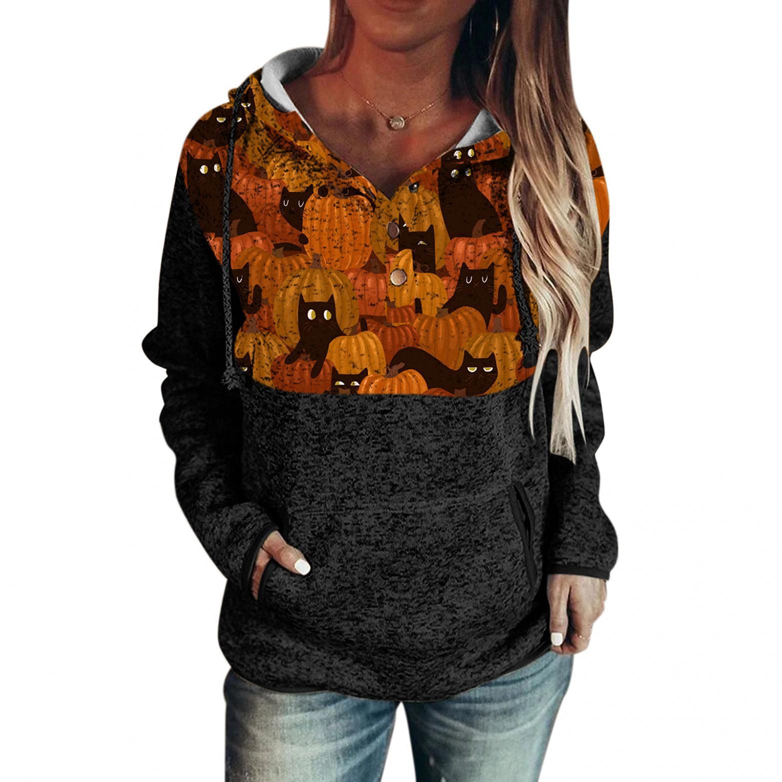 Women's Lightweight Pullover Hoodie with Cute Cat Print, Drawstring Hood & Button Front - Cozy Long Sleeve Sweatshirt for Casual Wear, Lounge & Outdoor Activities