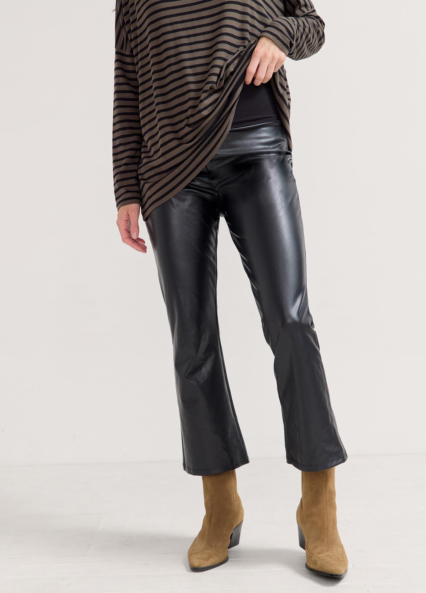 Vegan Stretch Leather Crop Flare Pants - Women's High Waisted Faux Leather Trousers for Casual Wear & Night Out