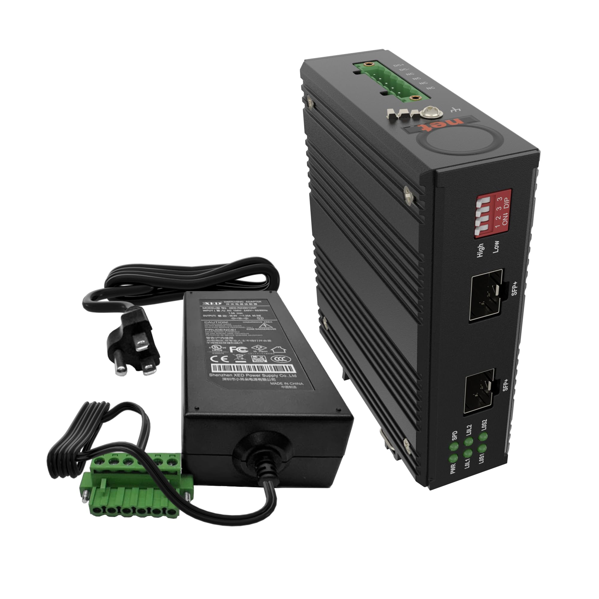 10G SFP+ to SFP+ Fiber Media Converter - DIN Rail Mount - Extended Temperature Range (-40°C to 75°C) - 10G OEO 3R Transparent Repeater - Dual Open SFP+ Slots (Supports 10GB/1GB SFP Modules) - Ideal for Industrial Networks, Data Centers & Harsh Environments (Transceivers Not Included)