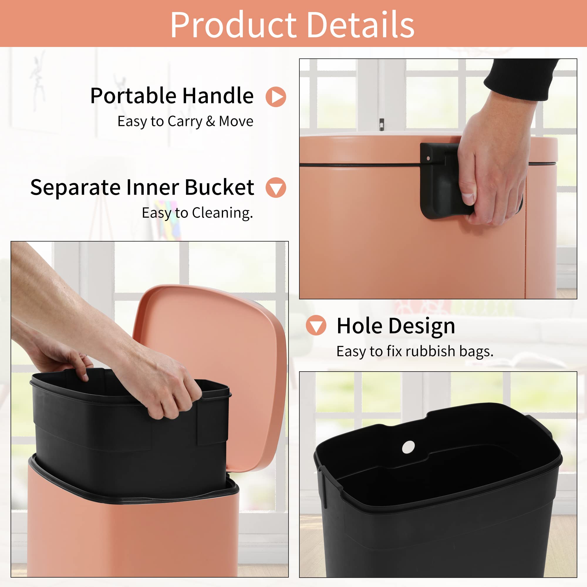 BLKMTY 13 Gallon Stainless Steel Step Trash Can with Lid & Inner Bucket - Odor-Proof Kitchen Garbage Bin, Pedal-Operated Office Waste Basket (Pink) | Perfect for Kitchens, Bathrooms & Home Offices