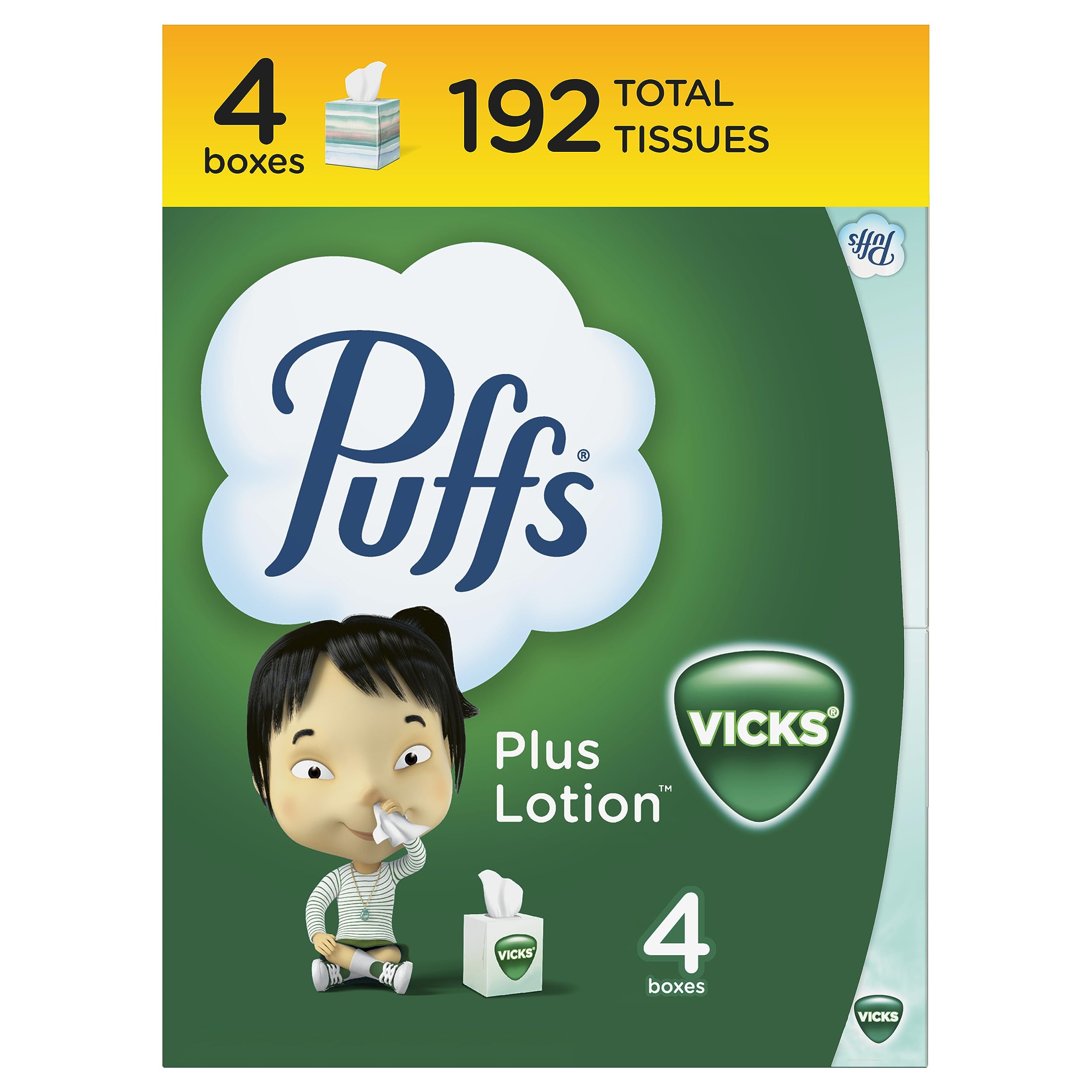 Vicks Puffs Plus Lotion Facial Tissues - 4 Cube Box (192 Tissues Total, 48 Tissues per Box) | Ultra-Soft & Lotion-Infused for Gentle Nose Care | Perfect for Cold, Flu & Allergy Relief at Home, Office or Travel