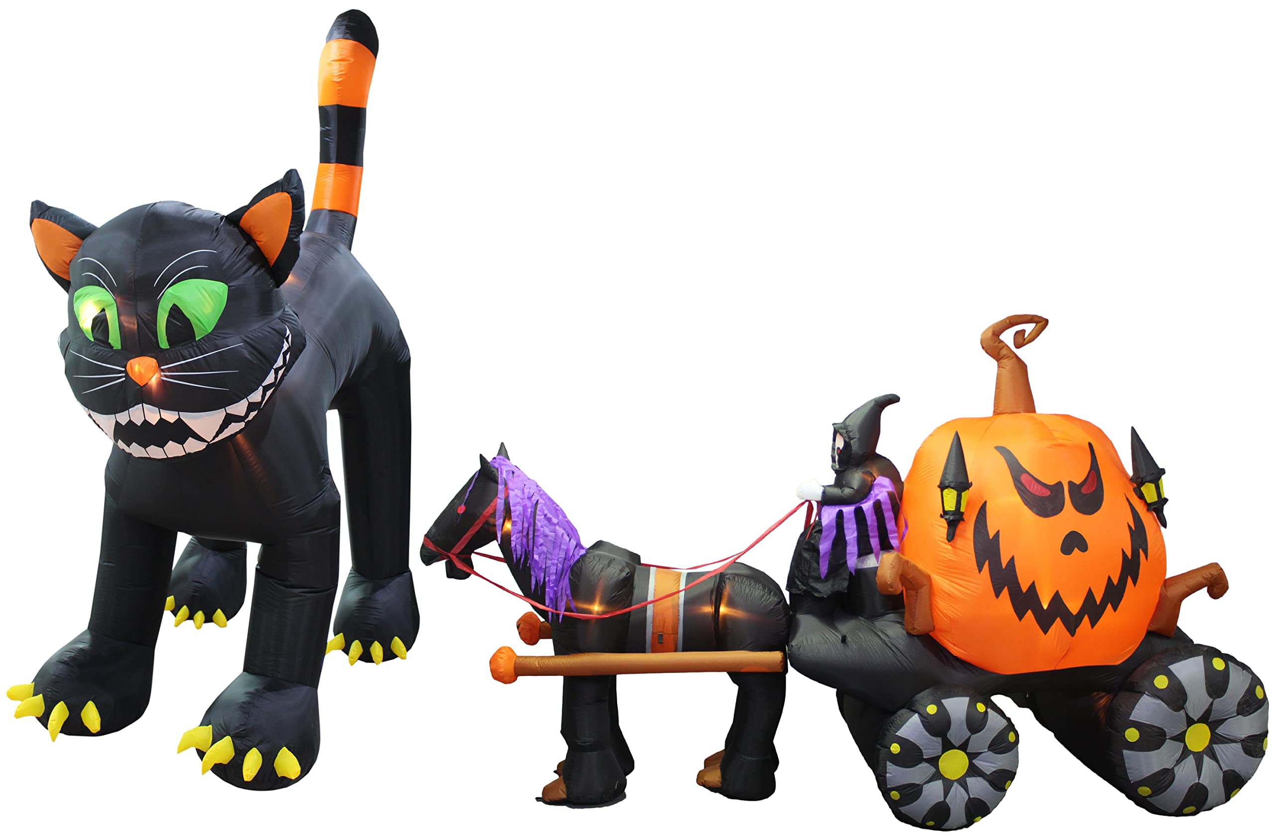 Halloween Party Decorations Bundle - 11ft Animated Inflatable Black Cat & 11.5ft Inflatable Grim Reaper with Pumpkin Carriage - Outdoor Yard Decor for Halloween Night, Spooky Party, Haunted House Theme